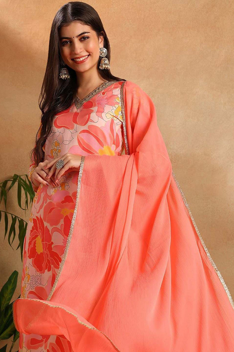 Ahika Peach Rayon Blend Floral Printed Straight Trouser Suit Set PKSKD2477