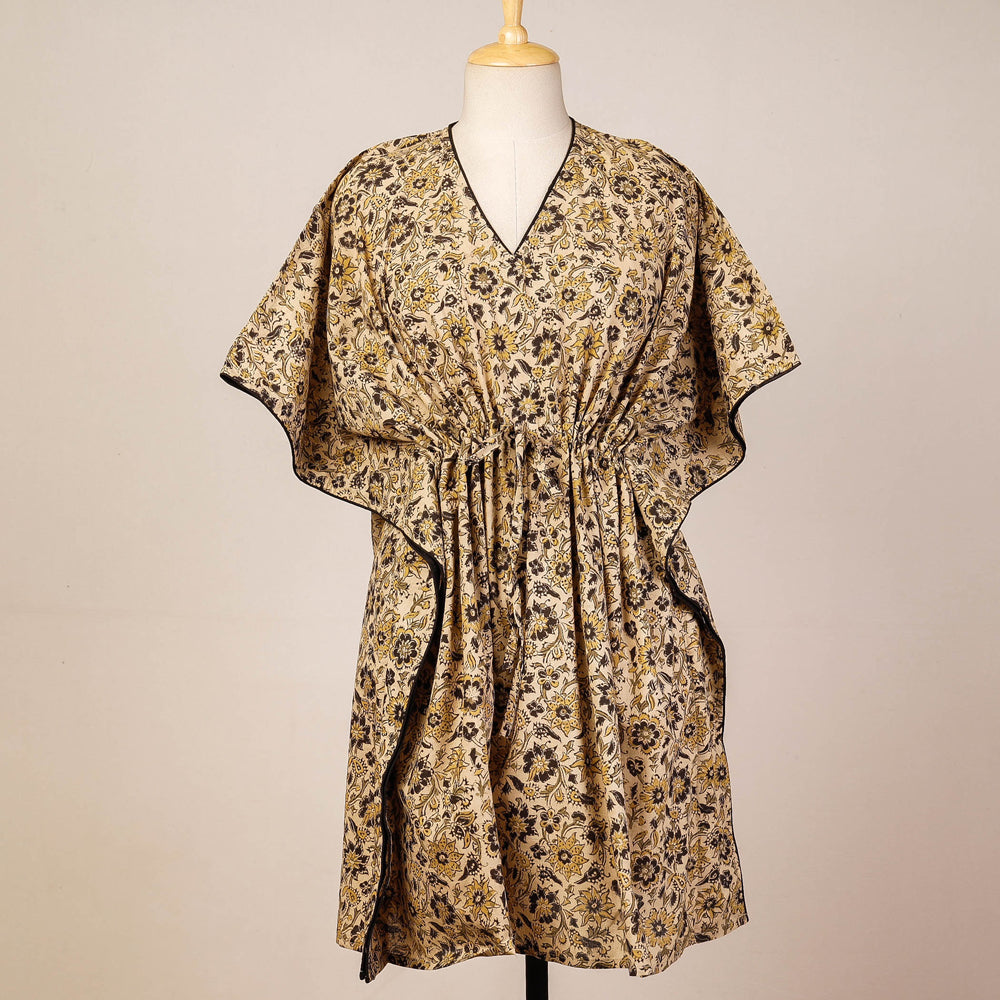 CHUTNEY CRAFT STUDIO Beige - Block Print Cotton Kalamkari Kaftan with Tie-Up Waist (Medium)