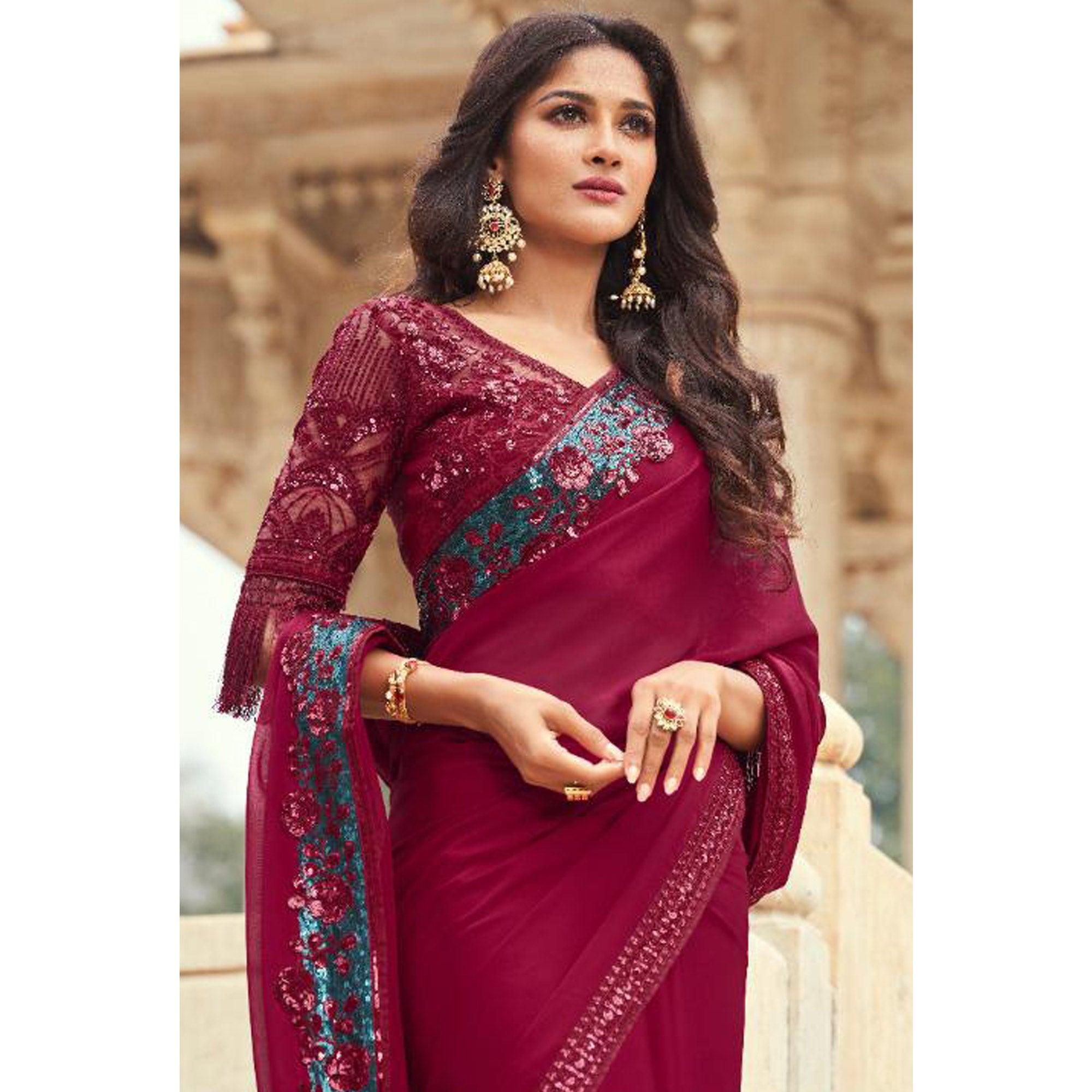 Peachmode Dark Red Floral Sequins Embroidered Art SIlk Saree - view 4