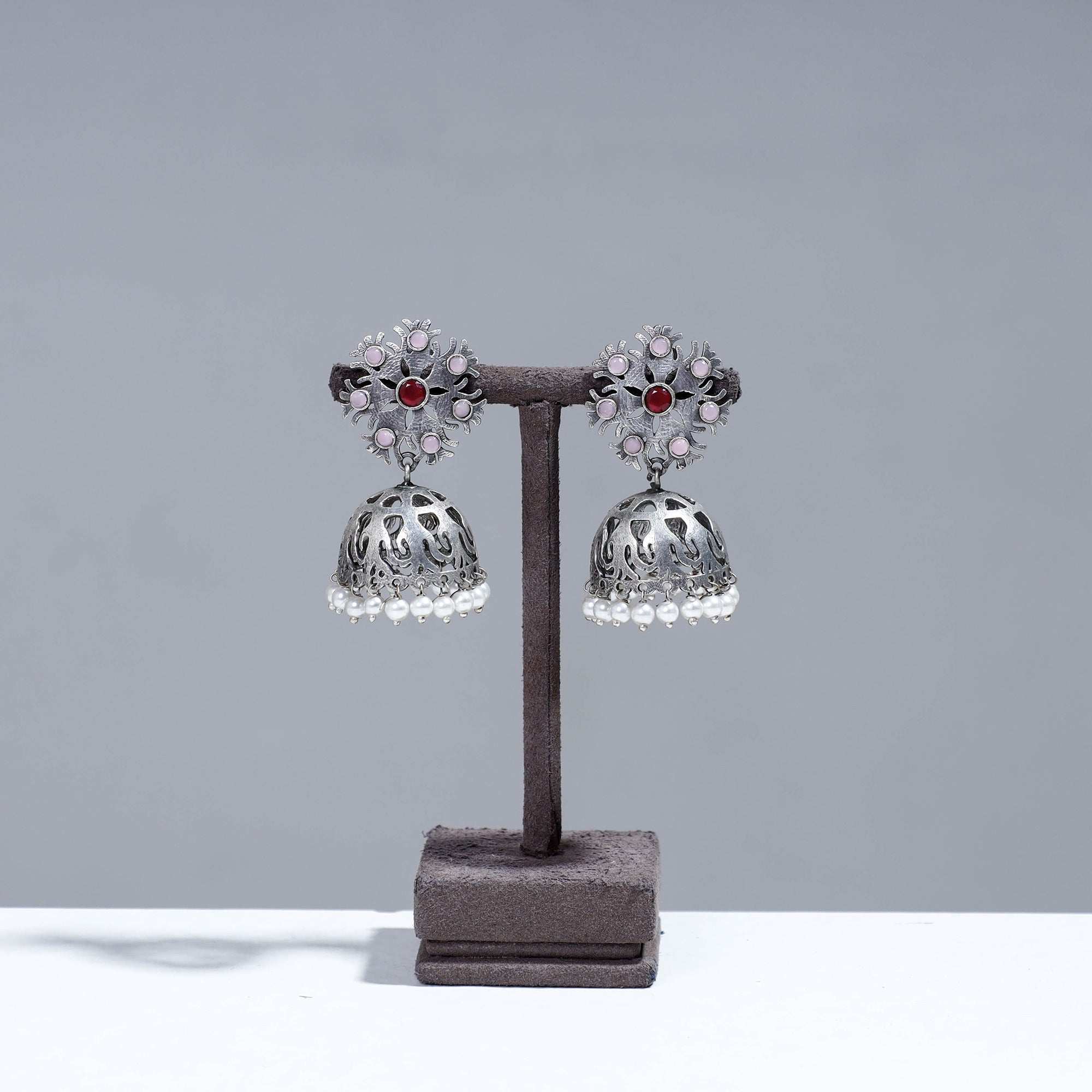 WHITE RIVER STORIES Antique Silver Finish Oxidised Brass Base Stone Work Jhumka Earrings