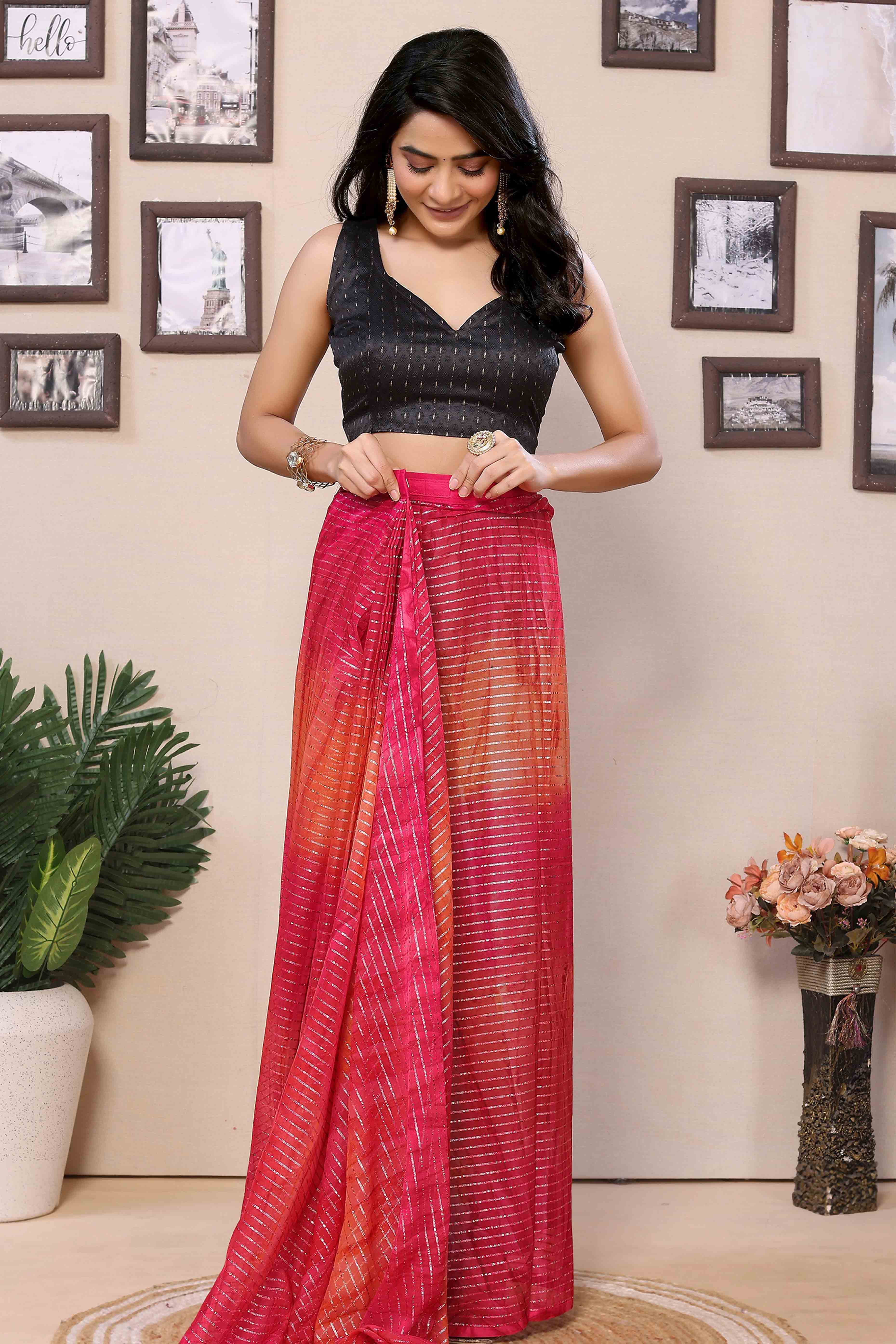 Peachmode Seller Magenta & Orange Striped Zari With Digital Printed Georgette Ready To Wear Saree - view 5