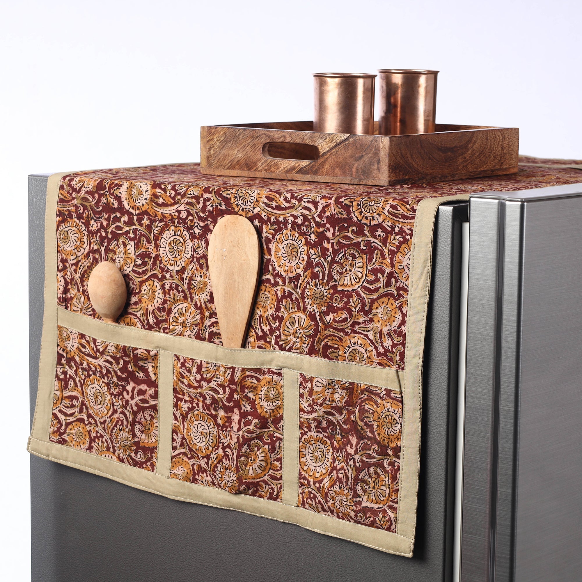 JALPARI Brown - Kalamkari Block Printed Cotton Fridge Top Cover with Multiple Pockets