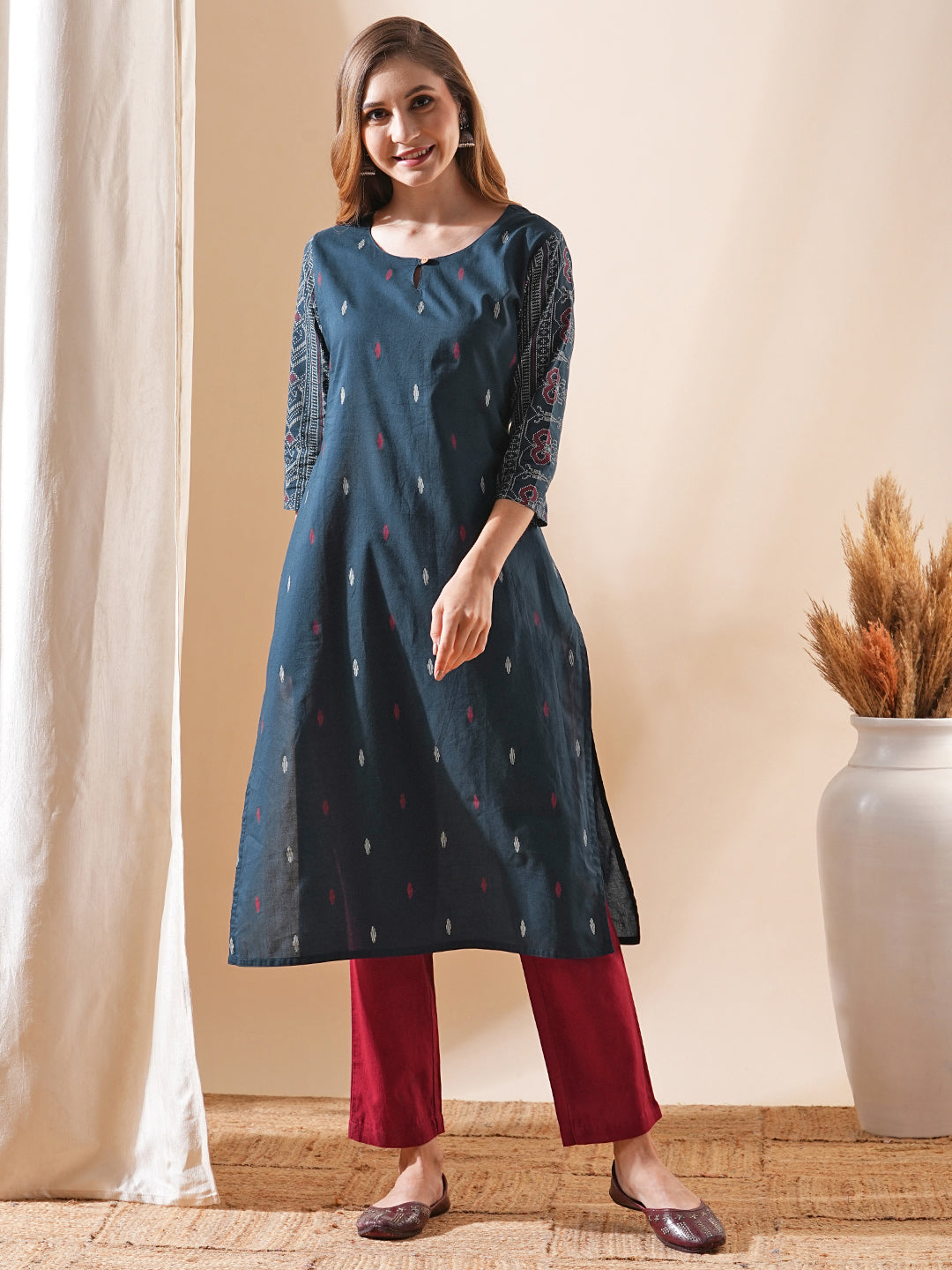 Fashor Ethnic Ikat Printed Straight Fit Kurta - Teal Blue