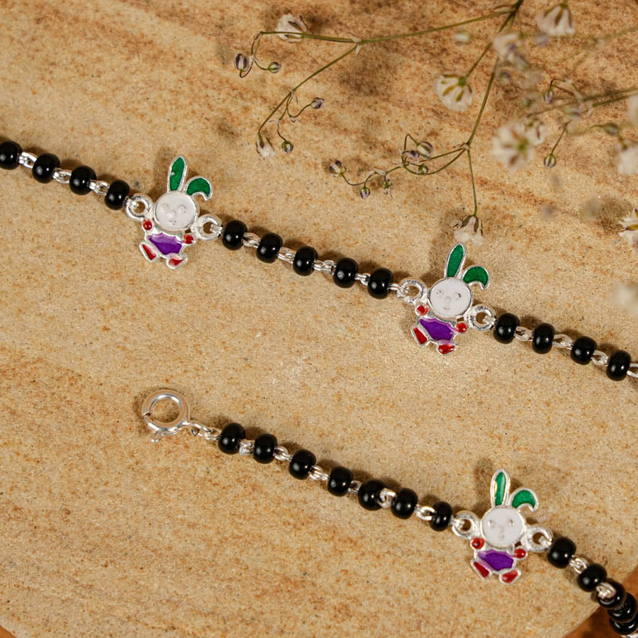 Prinjal Jewellers Black Beads Silver Two Bunny Nazariya for Kids