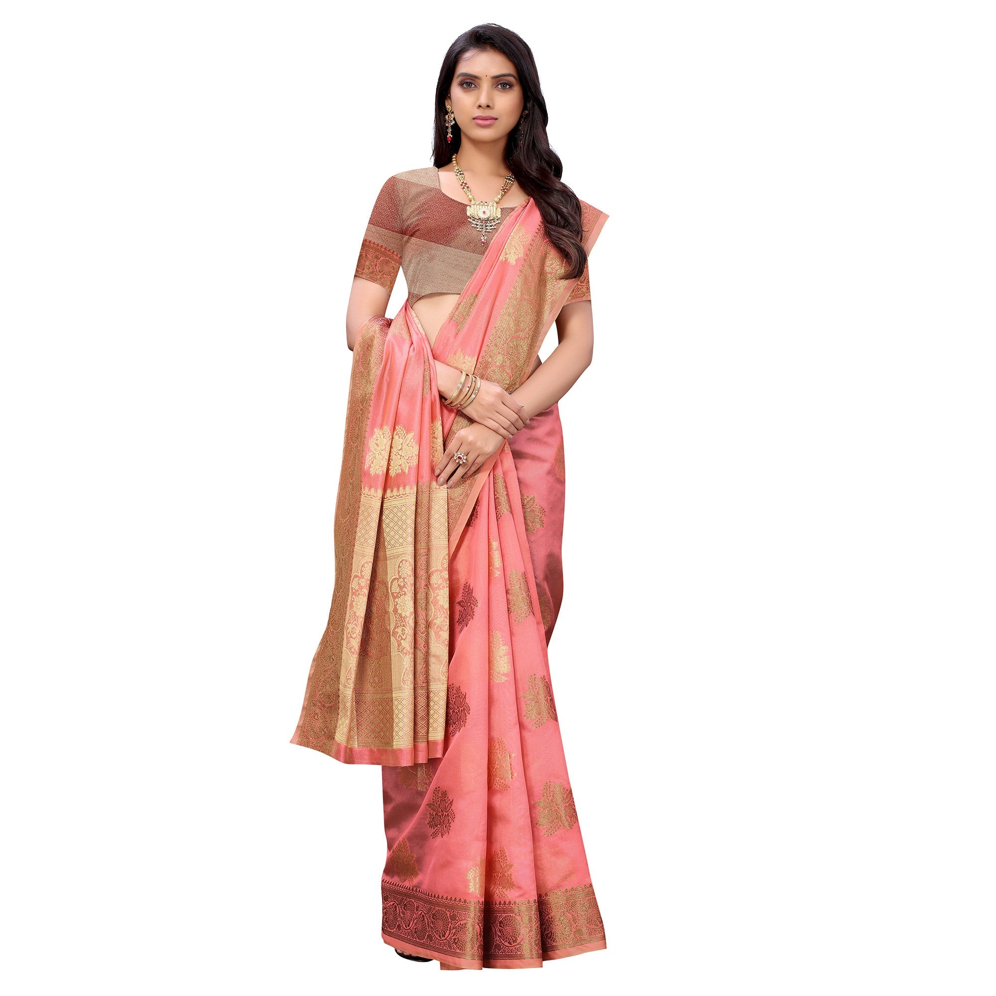 Peachmode Gajari Pink Festive Wear Floral Woven Silk Saree - view 4