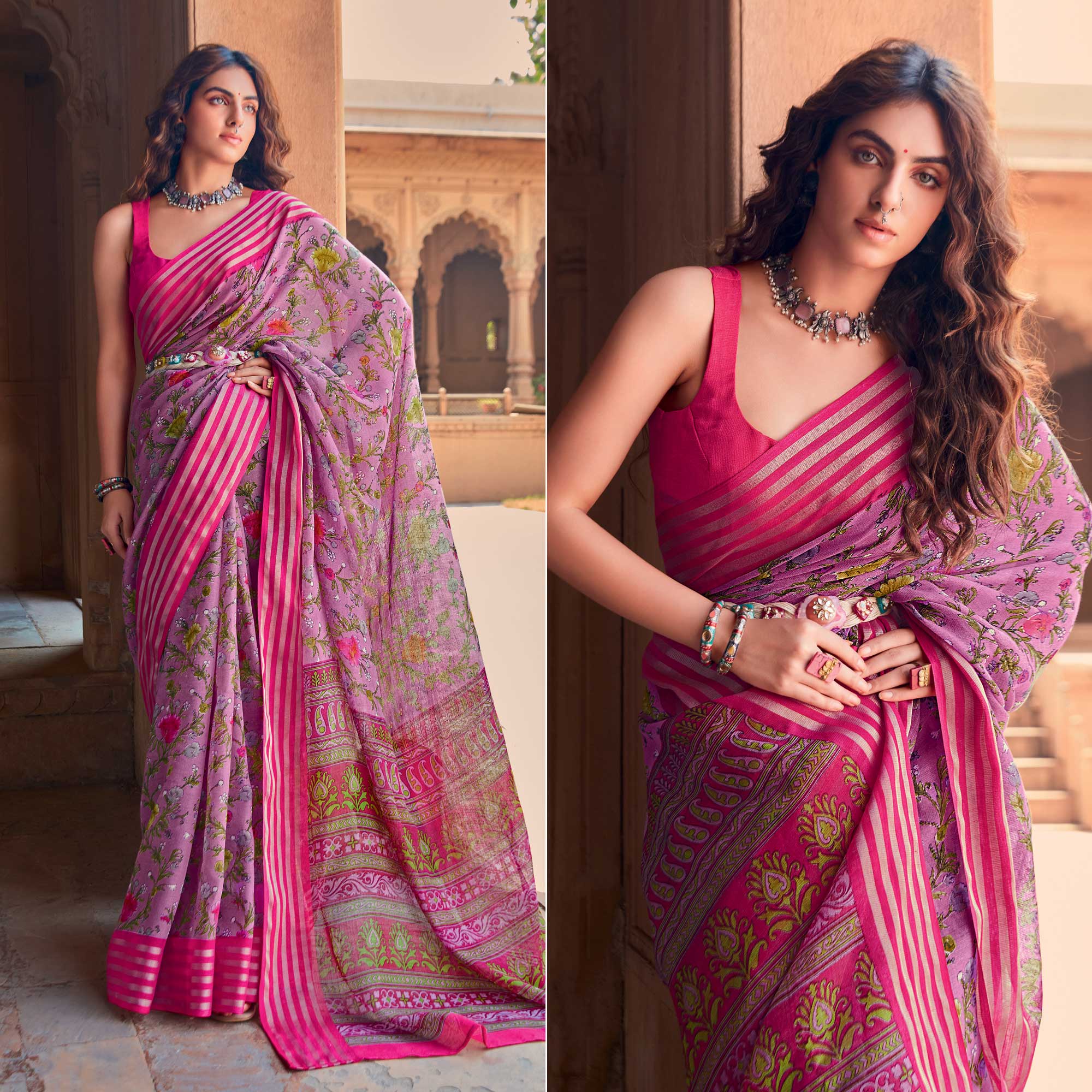 Peachmode Light Purple Floral Printed Linen Saree