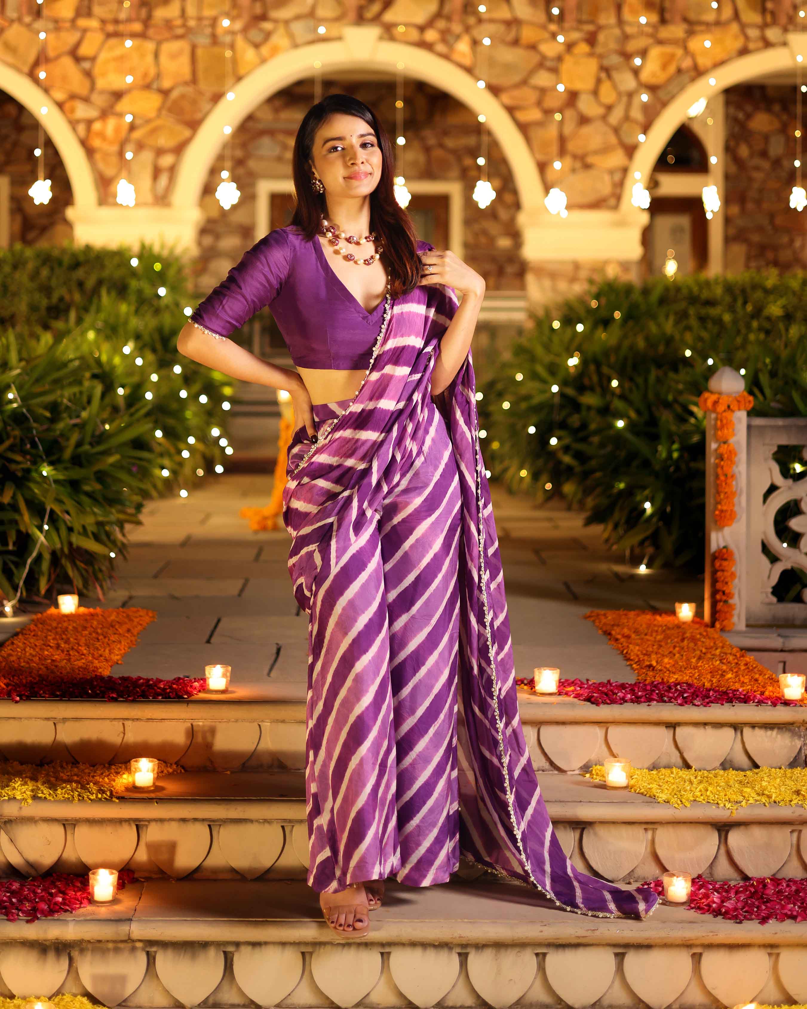Aachho Kimaya Purple Leheriya Silk Pre Draped Saree - view 6
