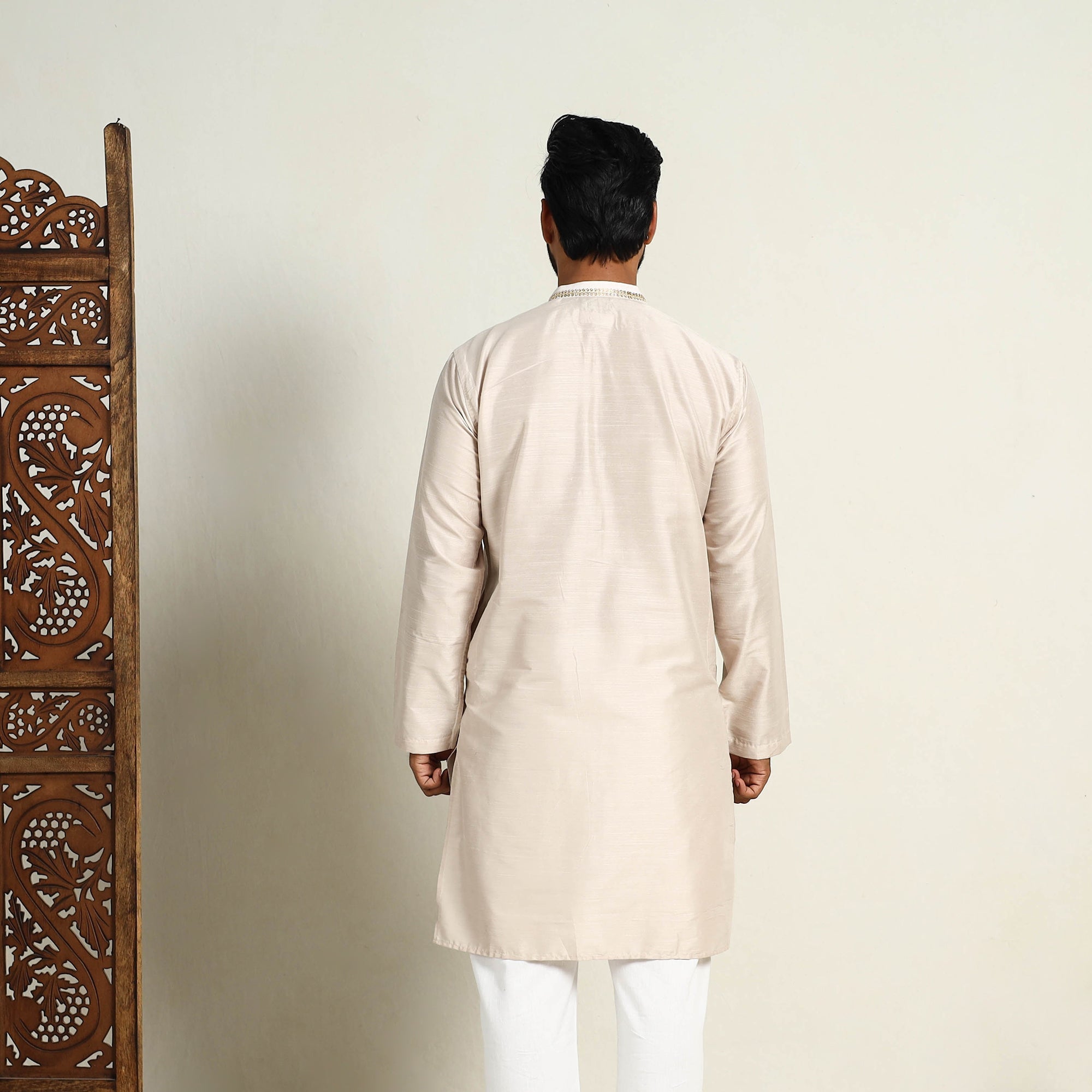 ITOKRI CASUALS Beige - Slub Silk Kurta for Men with Detailed Neckline Work 06 - view 5