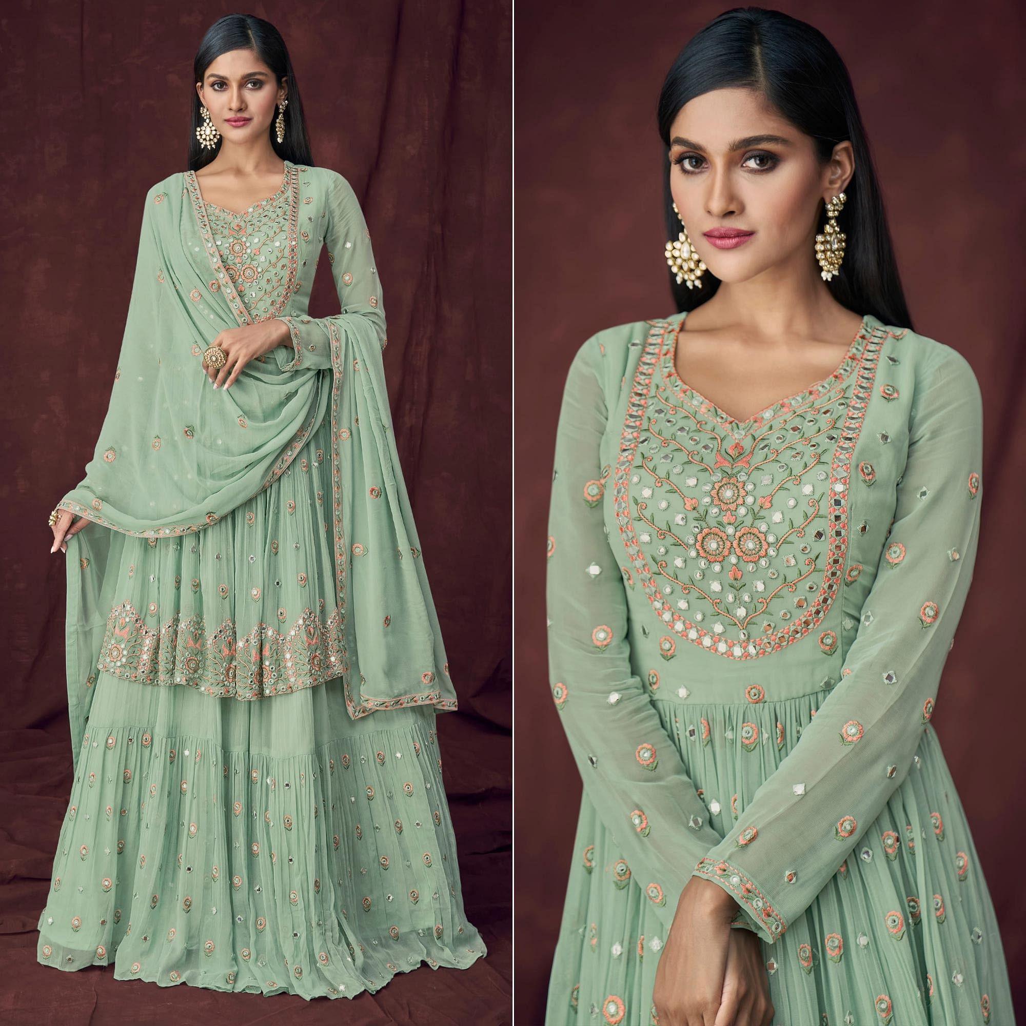 Peachmode Seller Light Turquoise Partywear Embroidered & Embellished Georgette Sharara Suit