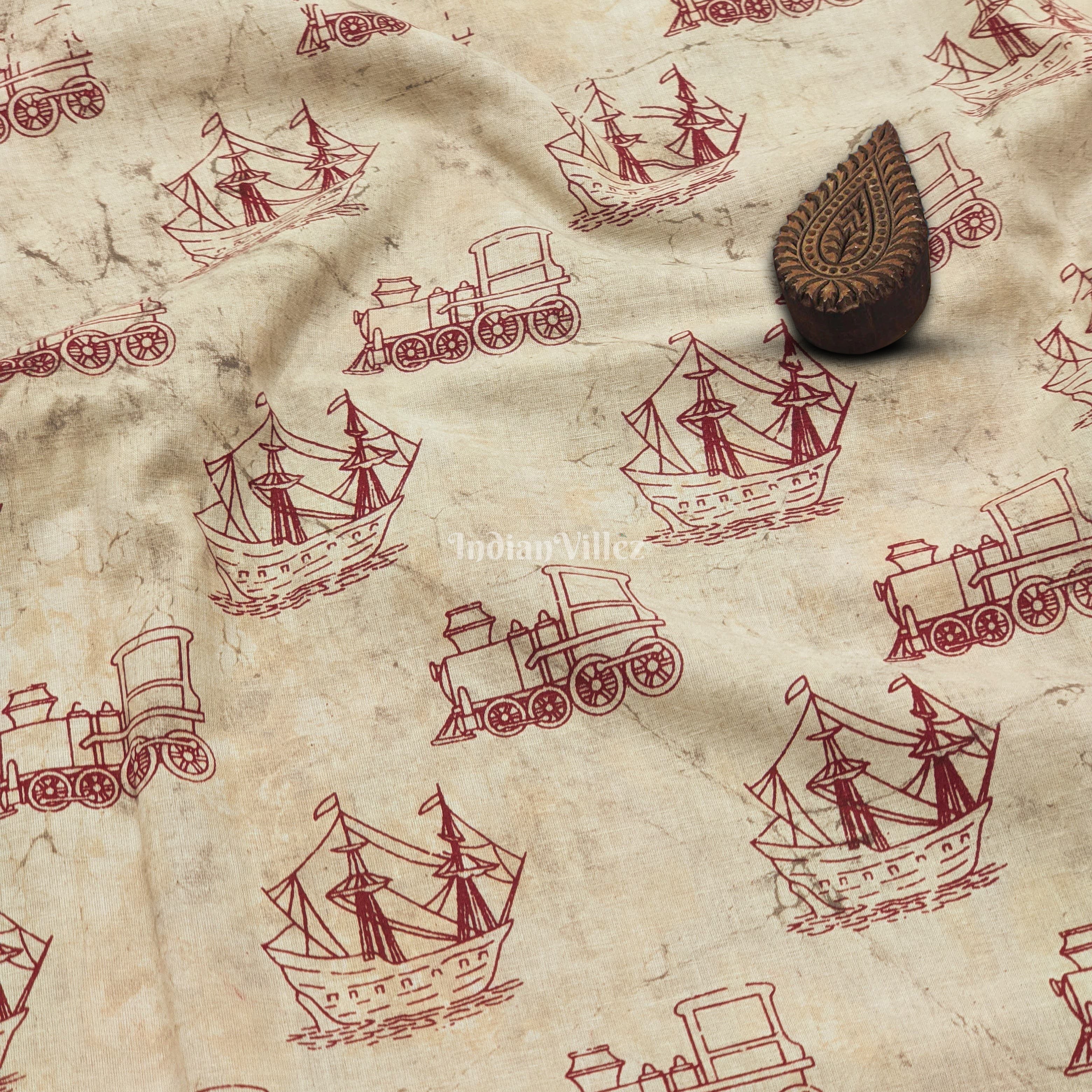 IndianVillèz Cream Hand Block Motifs Printed Cotton Fabric