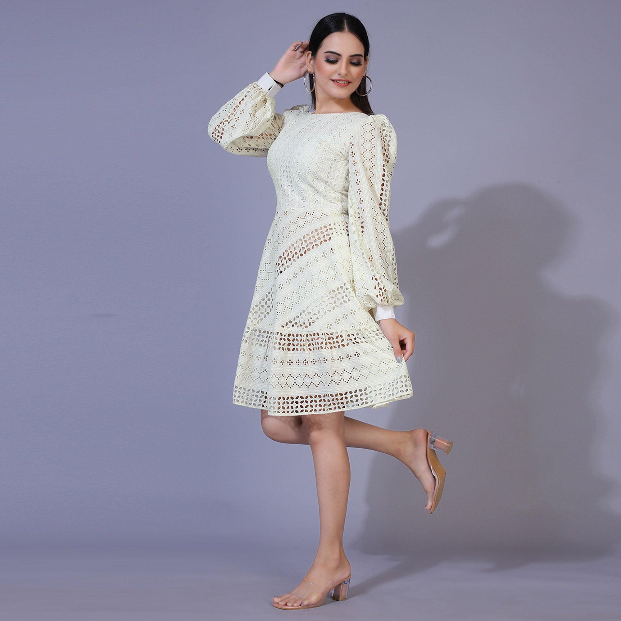 Peachmode Seller Cream Lucknowi Chikankari Work Rayon Western Dress - view 5
