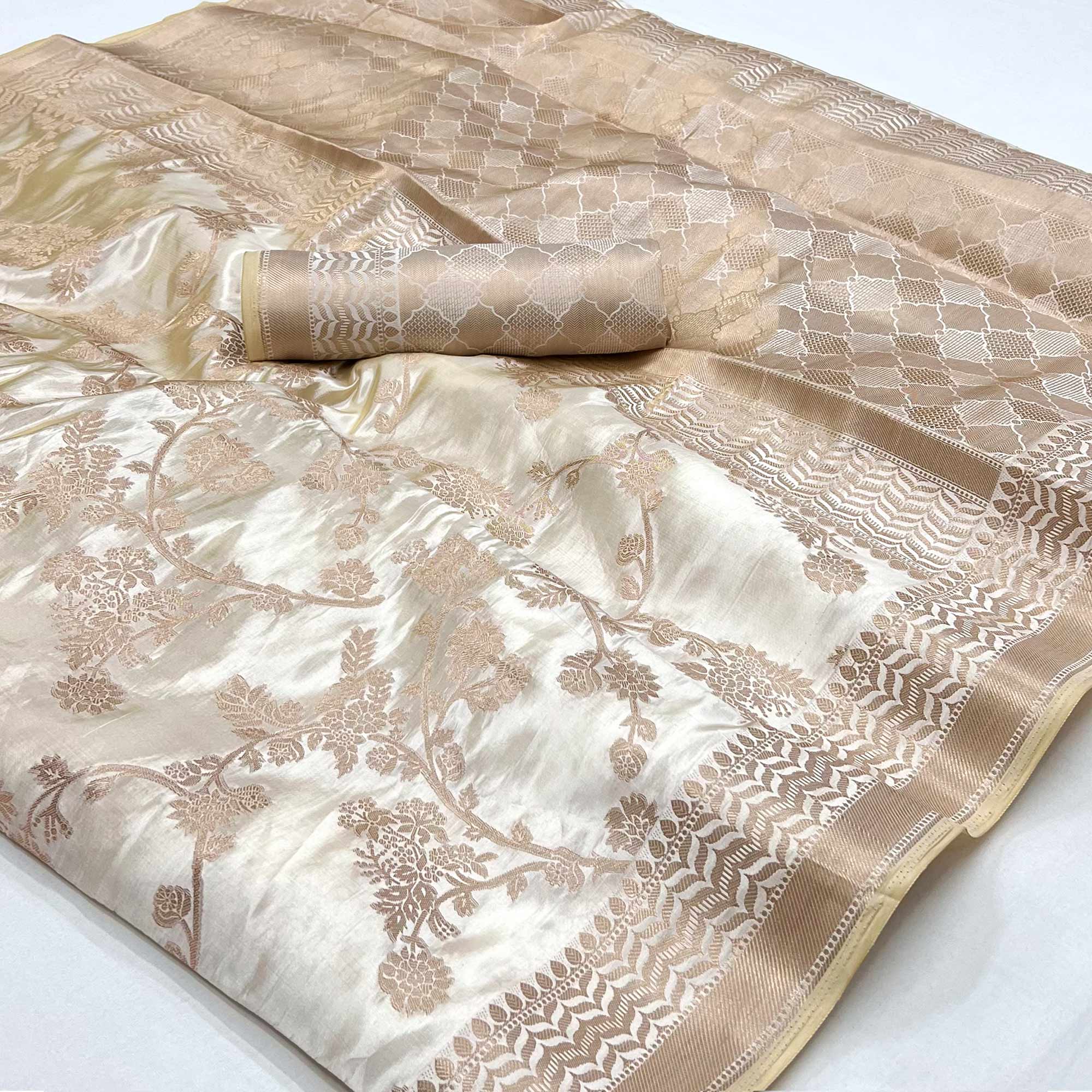 Peachmode Cream Woven Raw Silk Saree – Women's