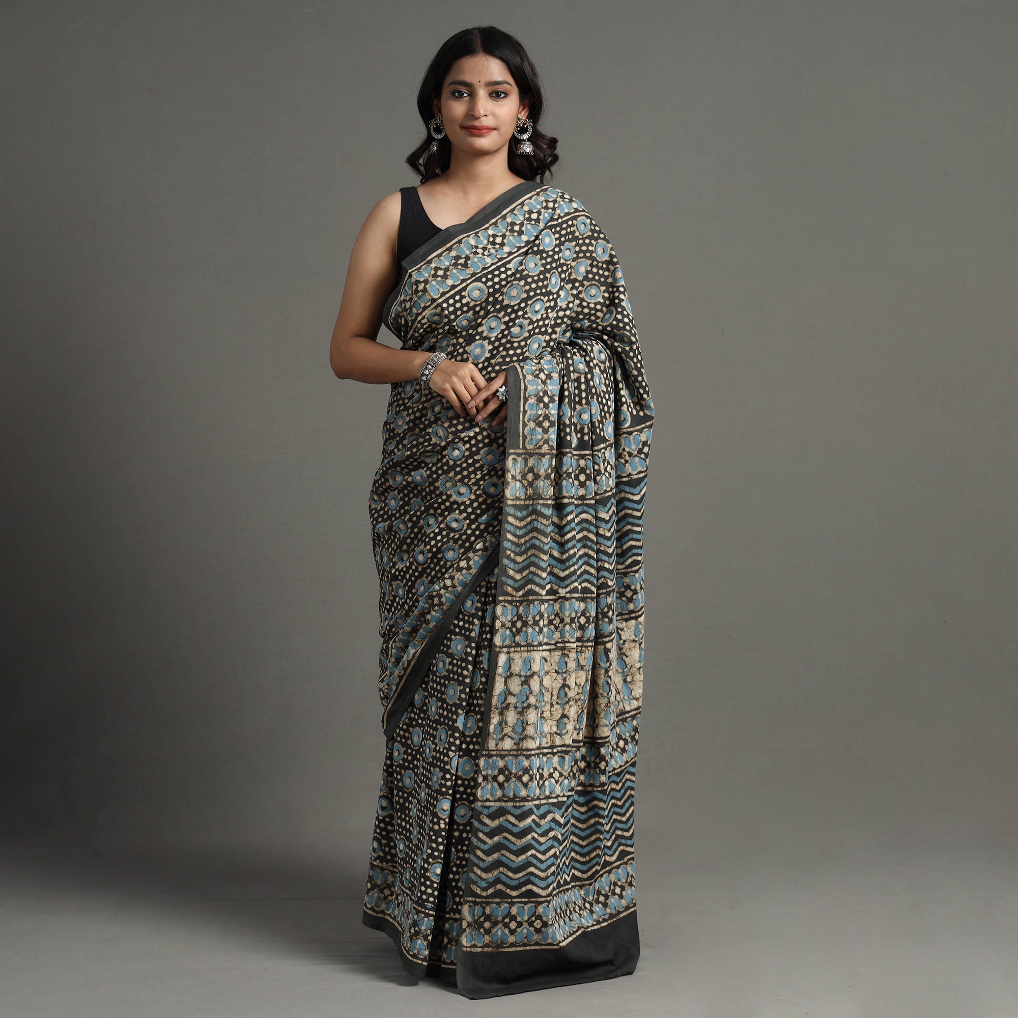 HAVELI CHRONICLES Brown - Pipad Hand Block Printed Cotton Saree