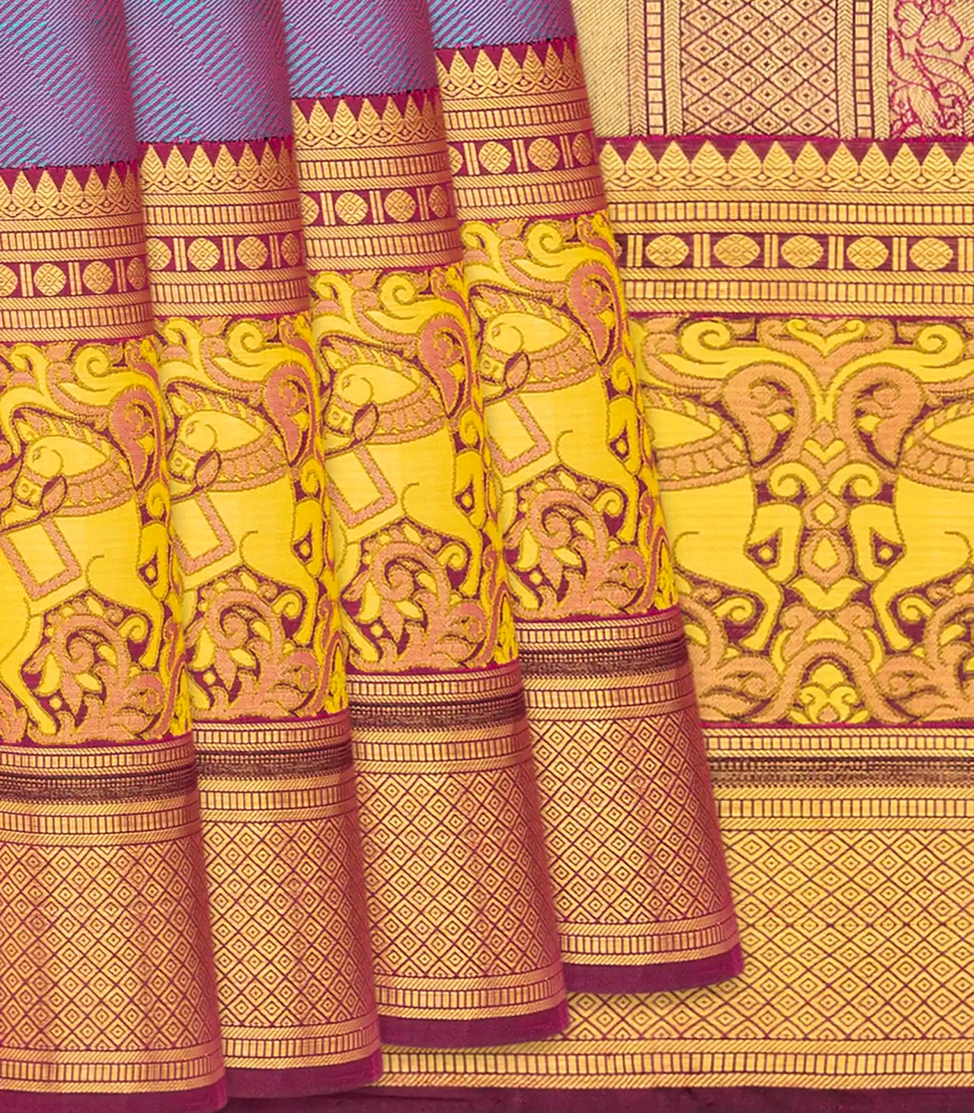 RmKV Cyan Handloom Silk Saree With Chevron Motifs & Kalamkaari Horse Motifs - view 4