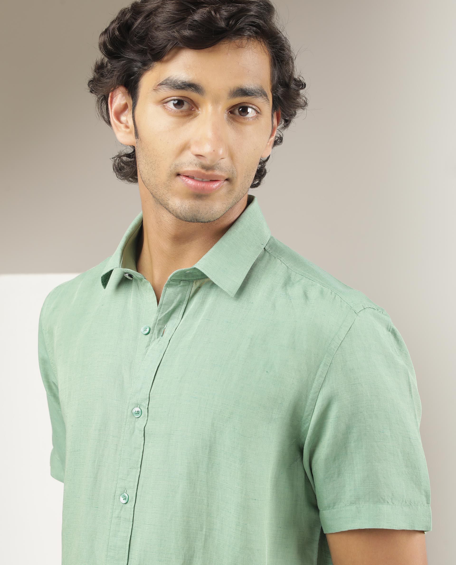 Rare Rabbit Men's Mik Light Green Modal Linen Fabric Half Sleeves Solid Shirt - view 4