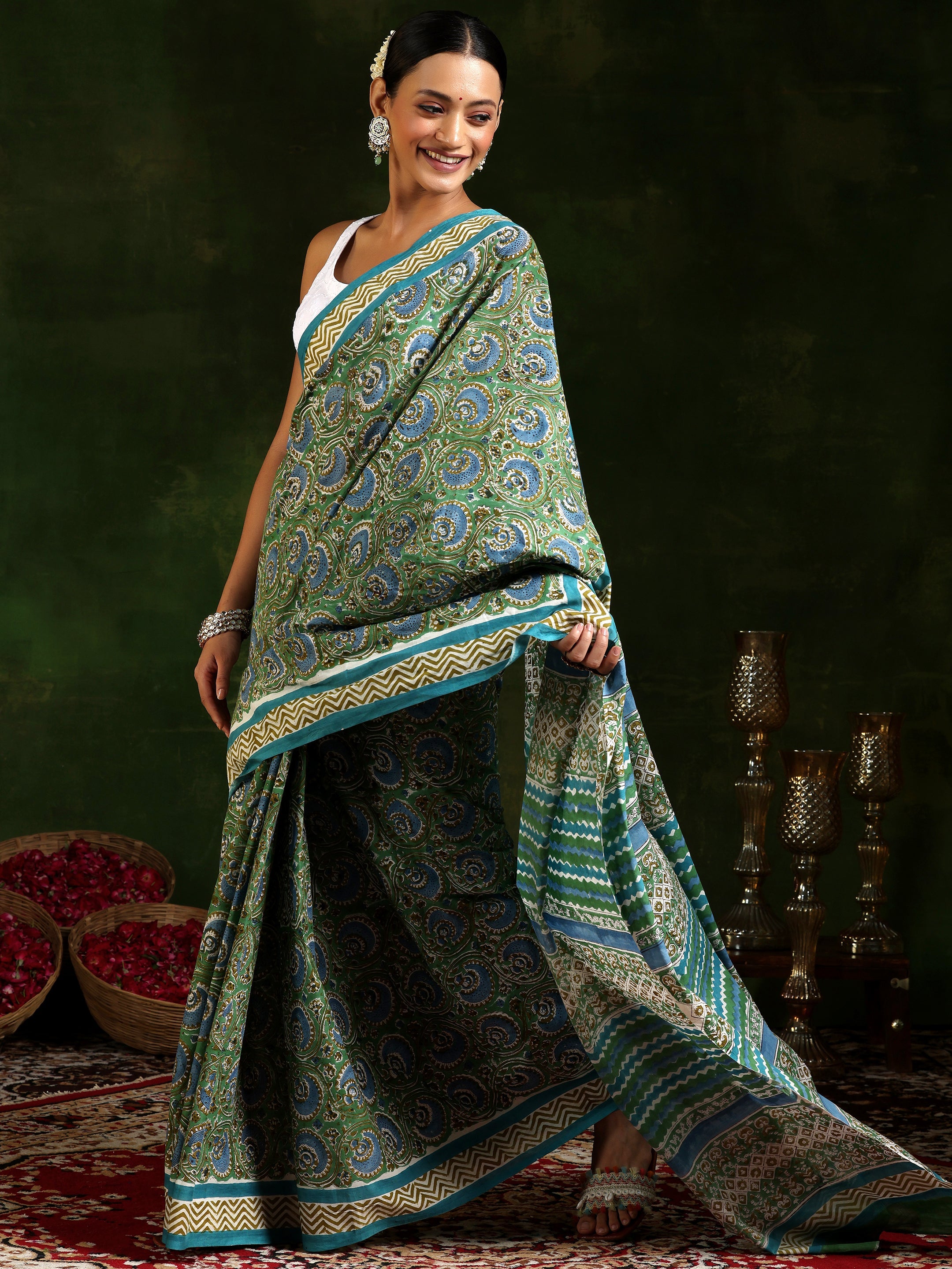 Libas Green Printed Cotton Saree With Unstitched Blouse Piece - view 2