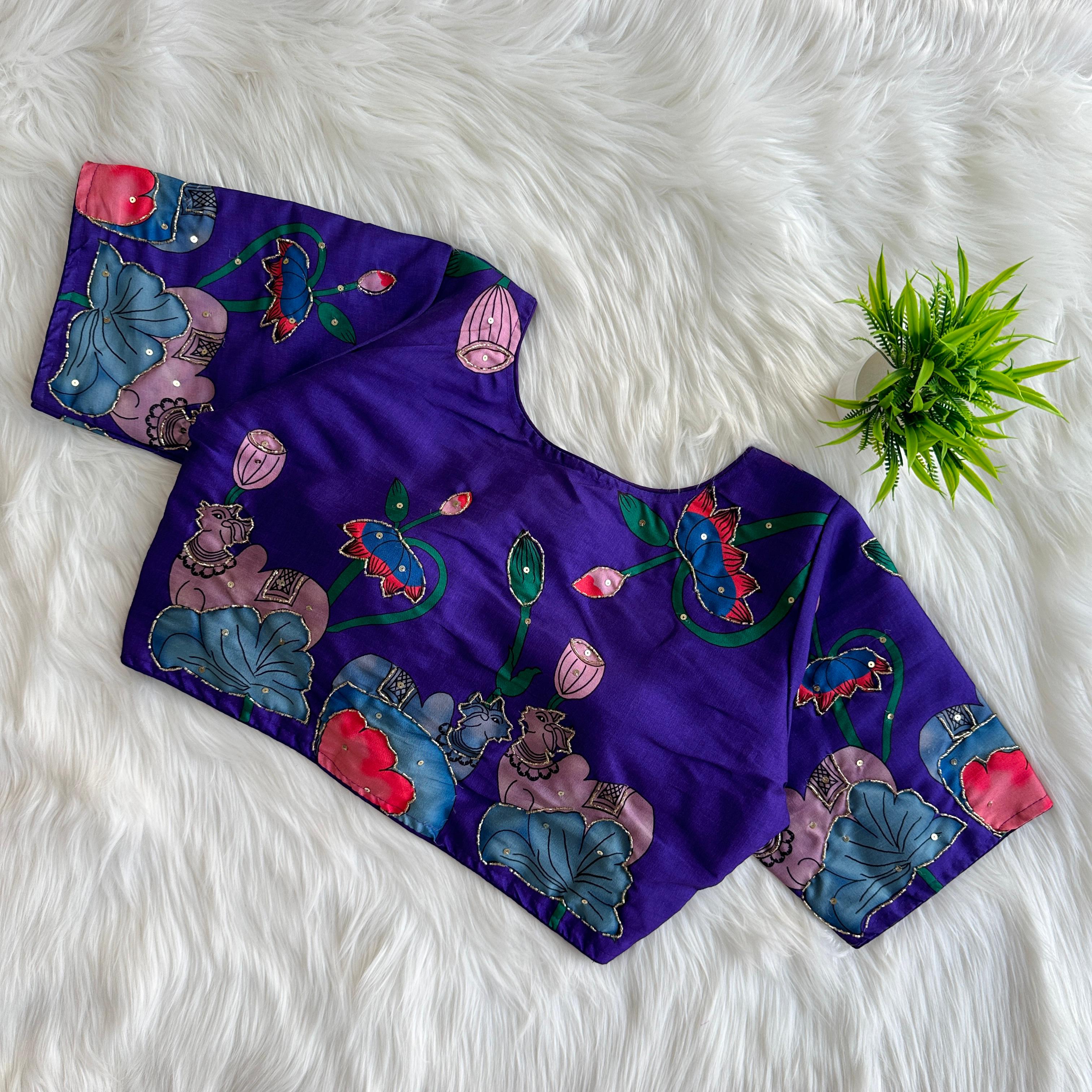ClothsVilla Purple Pure Silk Blouse with Decent Print and Antique Handcrafted Work