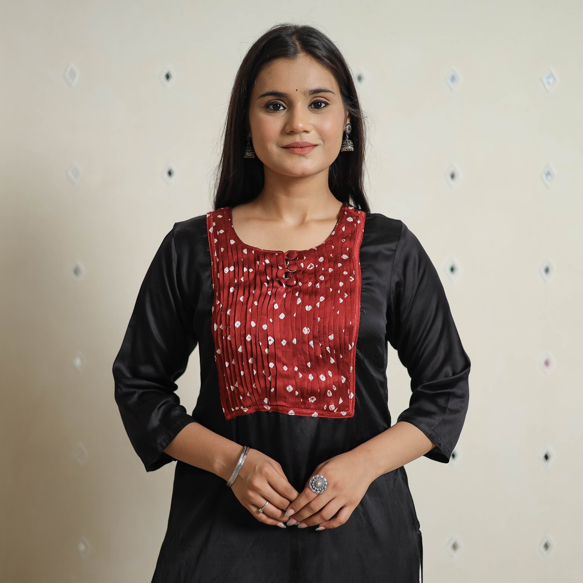 ITOKRI CASUALS Black - Plain Modal Silk Straight Kurta with Bandhani Pintuck Patchwork 05