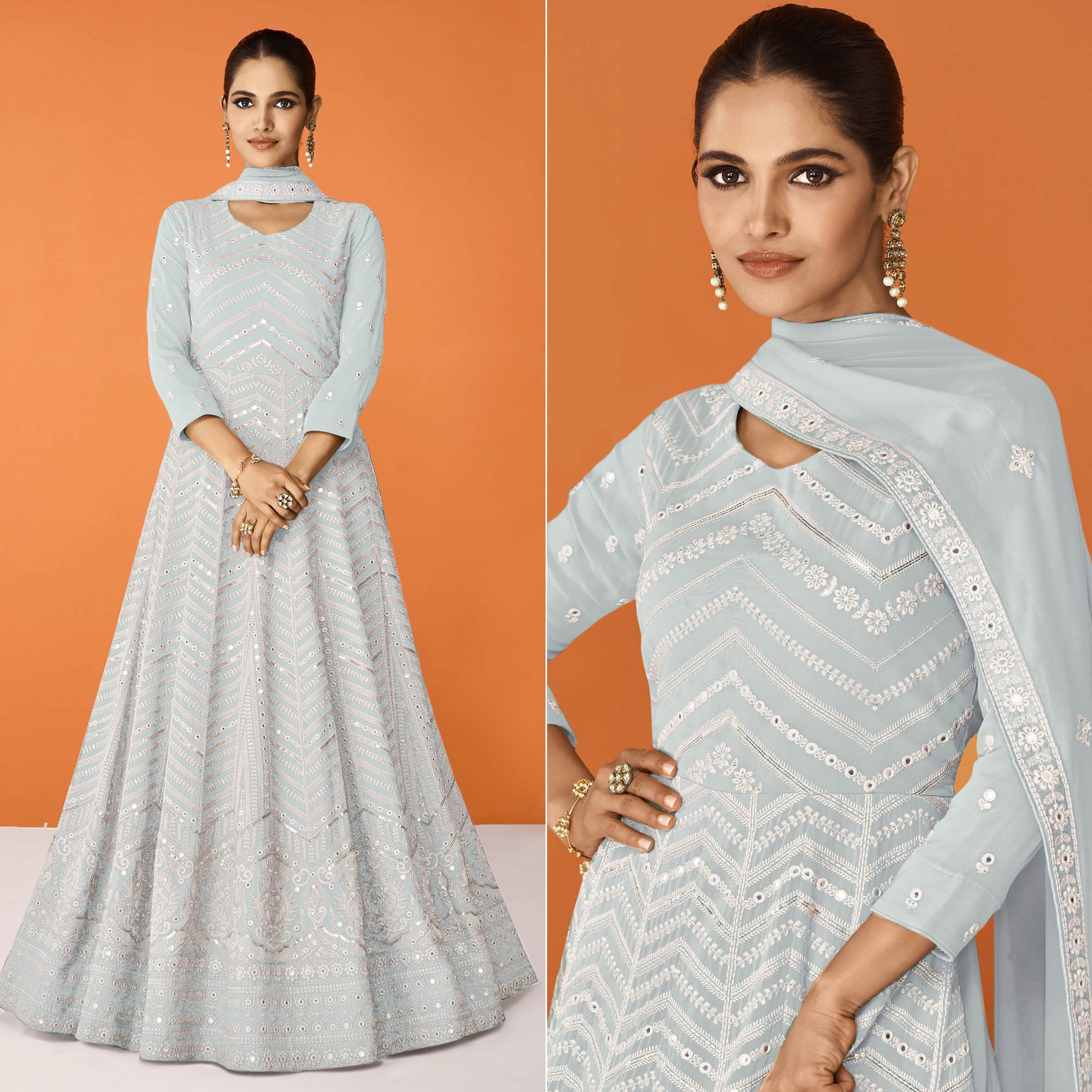 Peachmode Mint Green Sequins Embroidered Georgette Semi Stitched Anarkali Suit