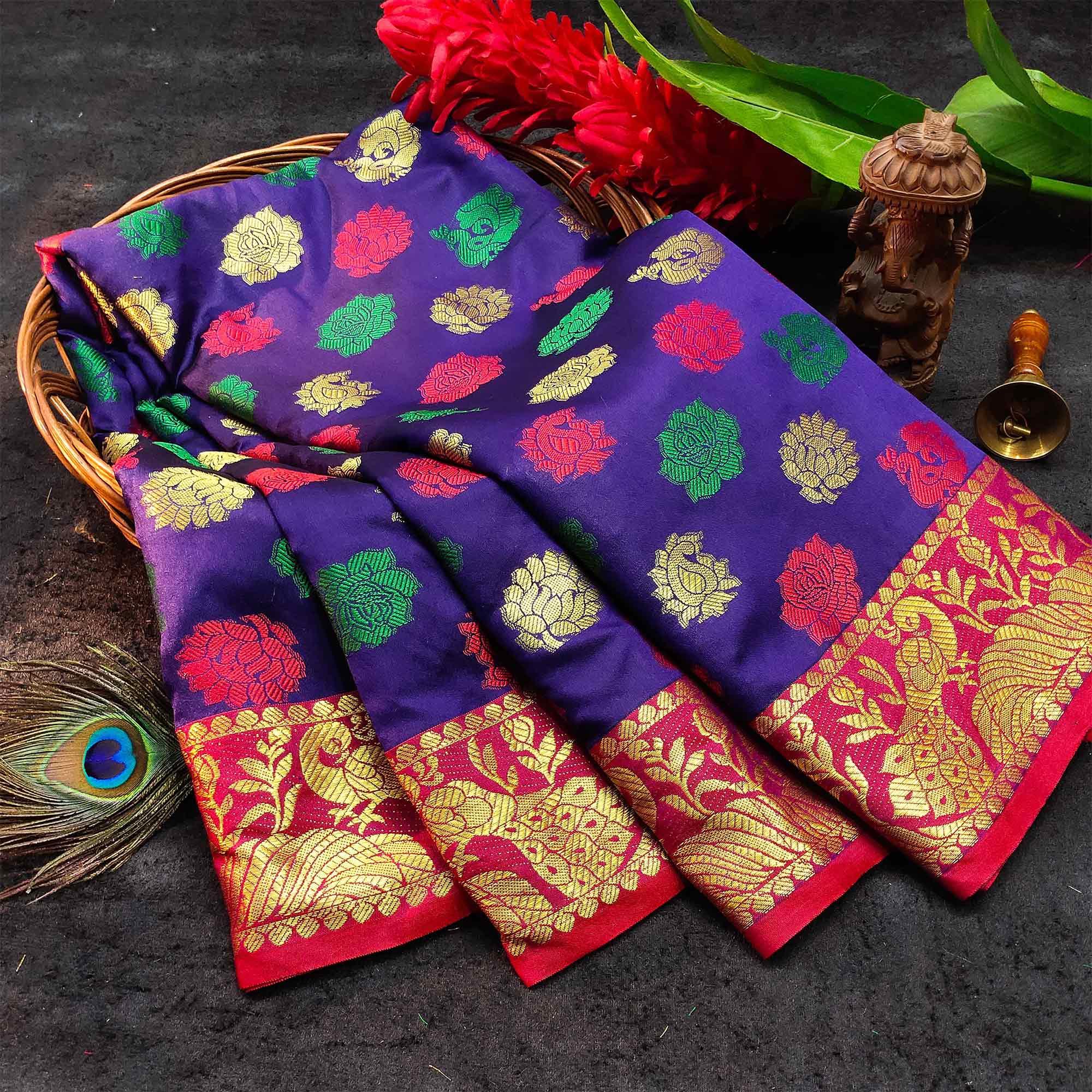 Peachmode Elegant Blue Colored Festive Wear Woven Kanjivaram Silk Saree
