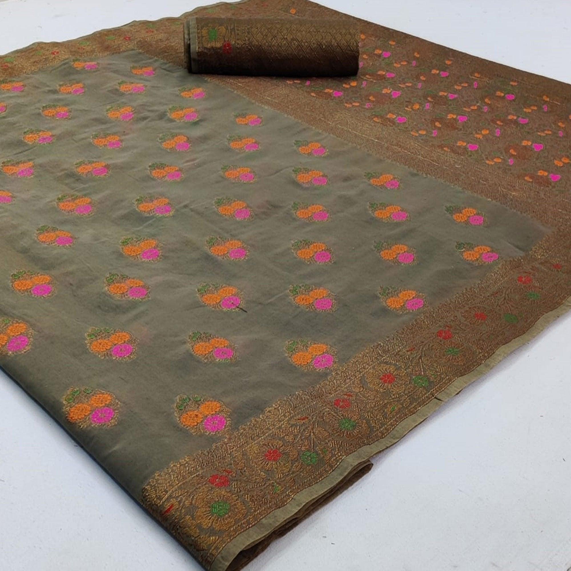 Peachmode Energetic Dark Grey Colored Festive Wear Woven Cotton Saree