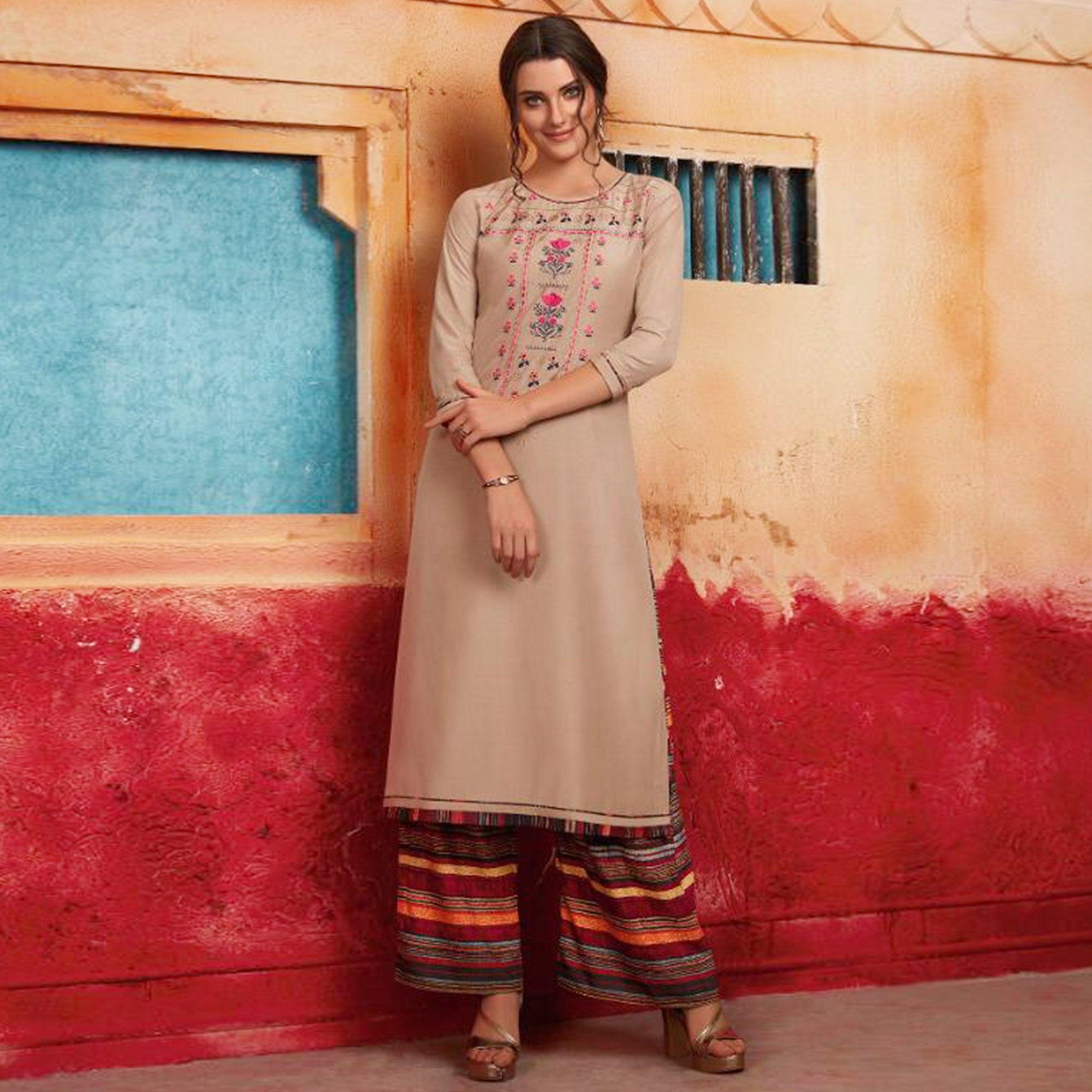 Peachmode Marvellous Beige Colored Partywear Embroidered Pure Muslin-Silk Kurti-Palazzo Set