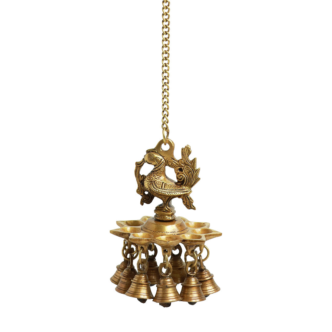 EXCLUSIVELANE 'Peacock Bliss' Hand-Etched Decorative Hanging Diya with Bell In Brass (9 Diyas & Bells) - view 2