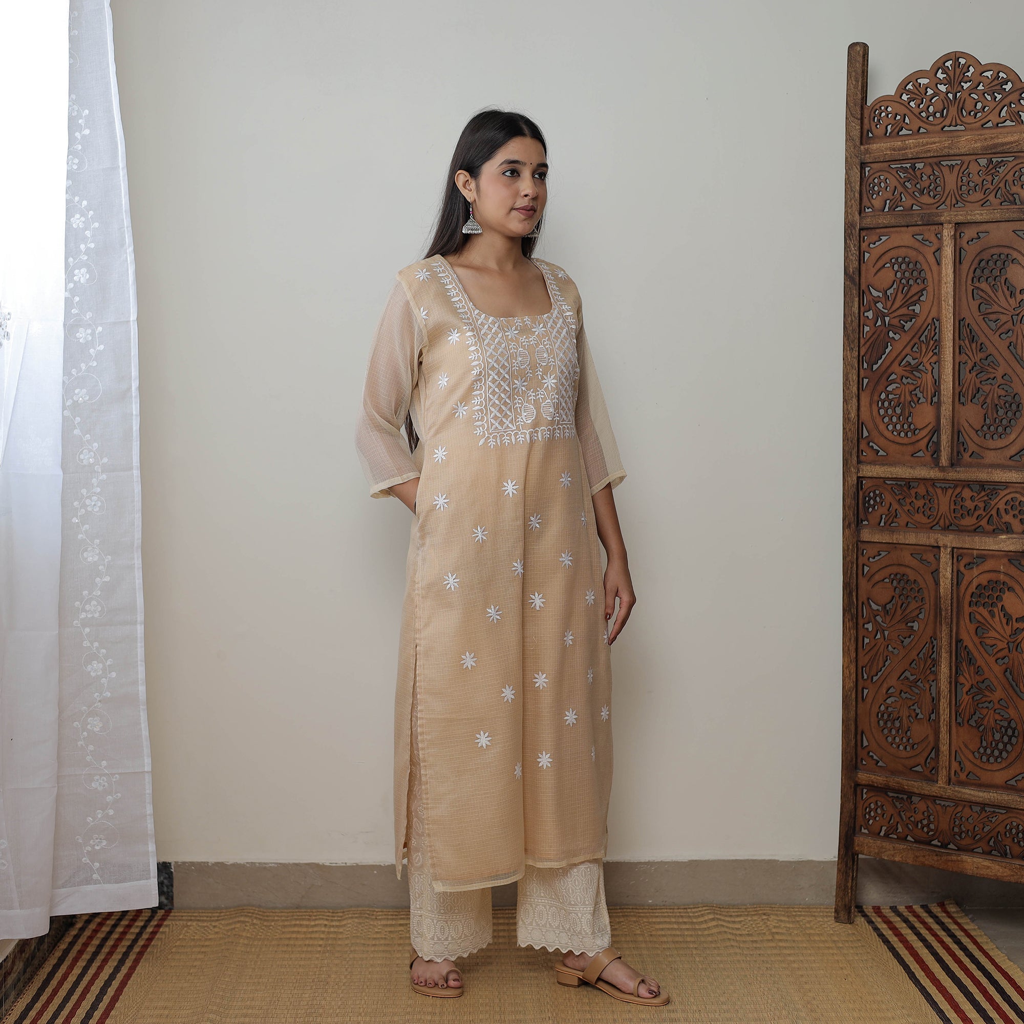 ITOKRI CASUALS Beige - Kota Doria Cotton Embroidery Kurta Suit Set 10 - view 5