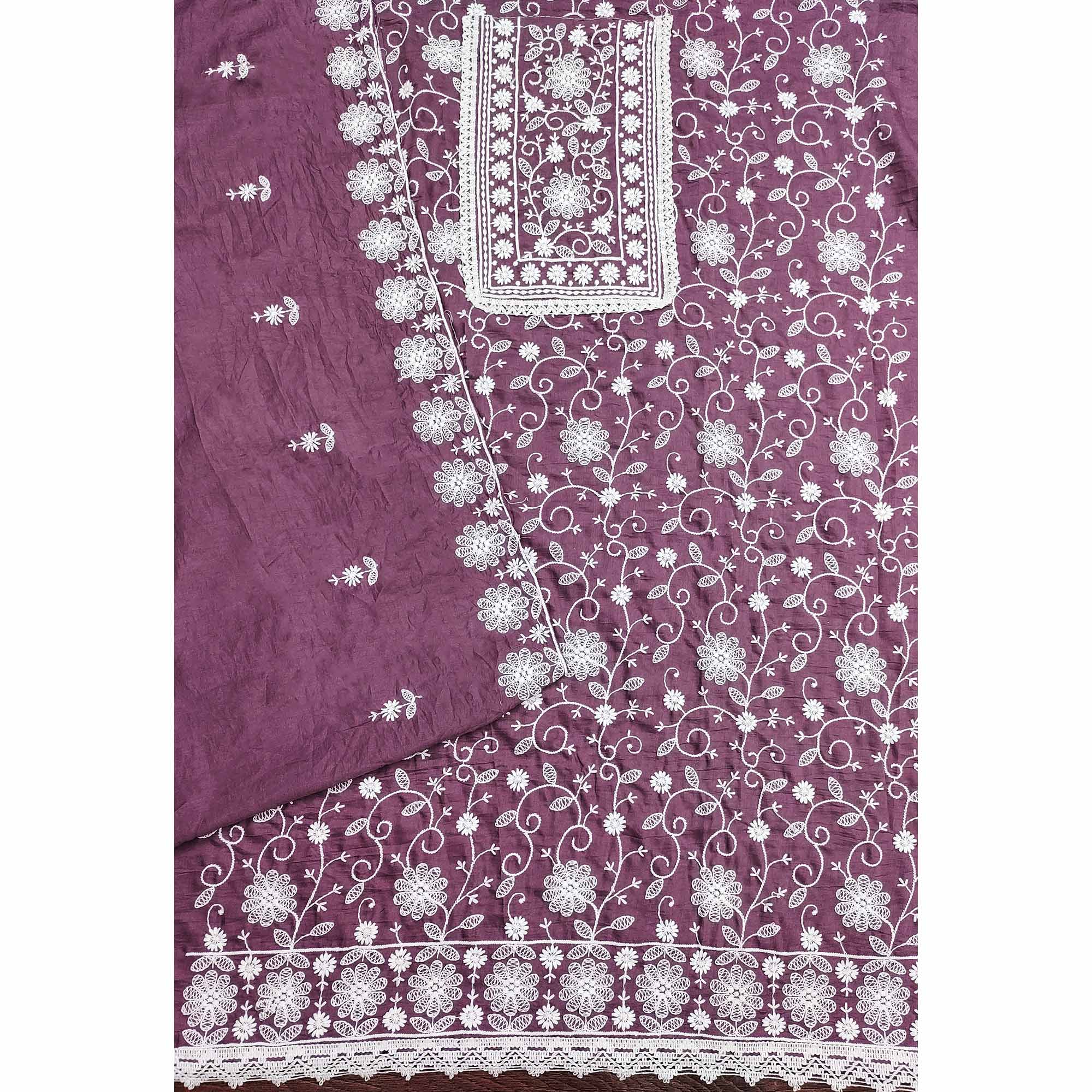 Peachmode Dark Mauve Floral Embroidered Art Silk Dress Material - view 4