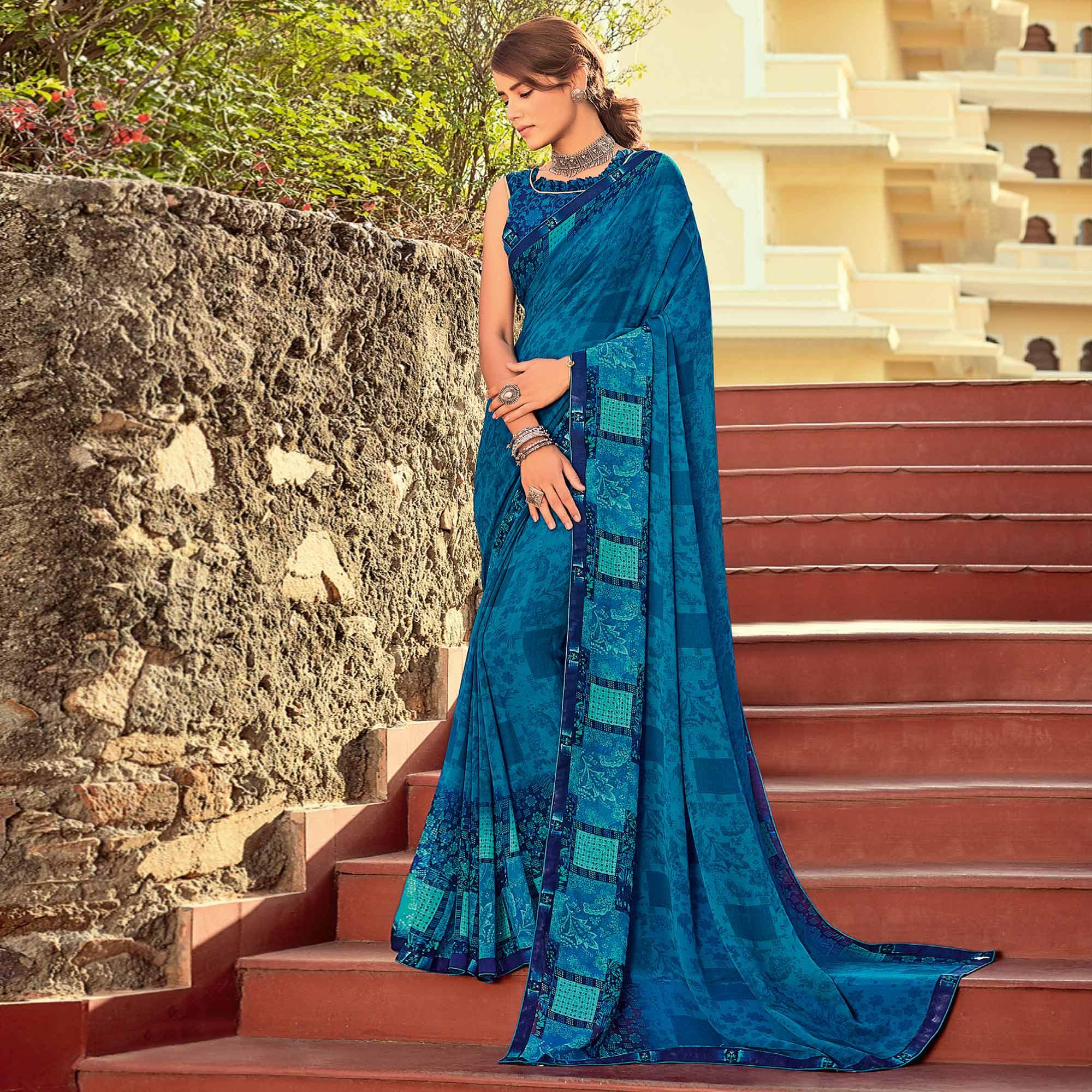 Peachmode Light Blue Casual Wear Printed Georgette Saree