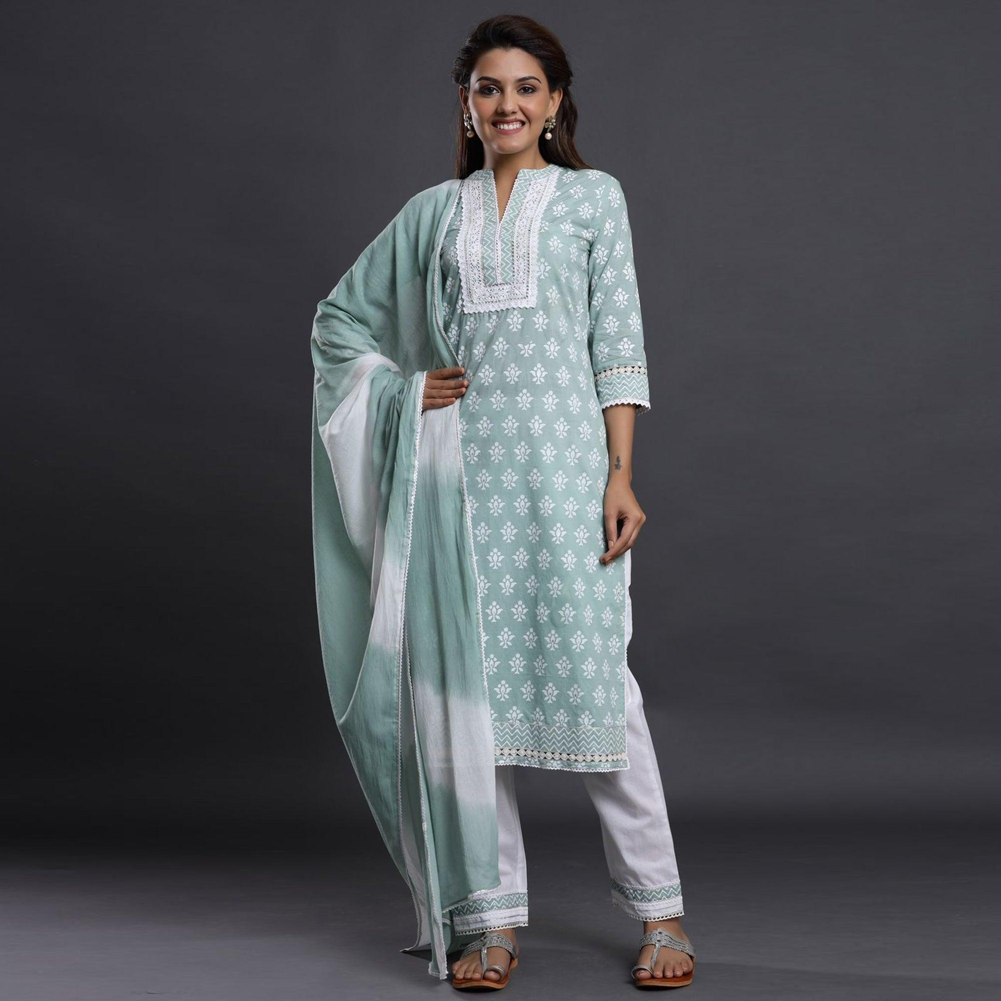 Peachmode Light Blue Casual Wear Printed Cotton Kurti - Pant Set With Dupatta