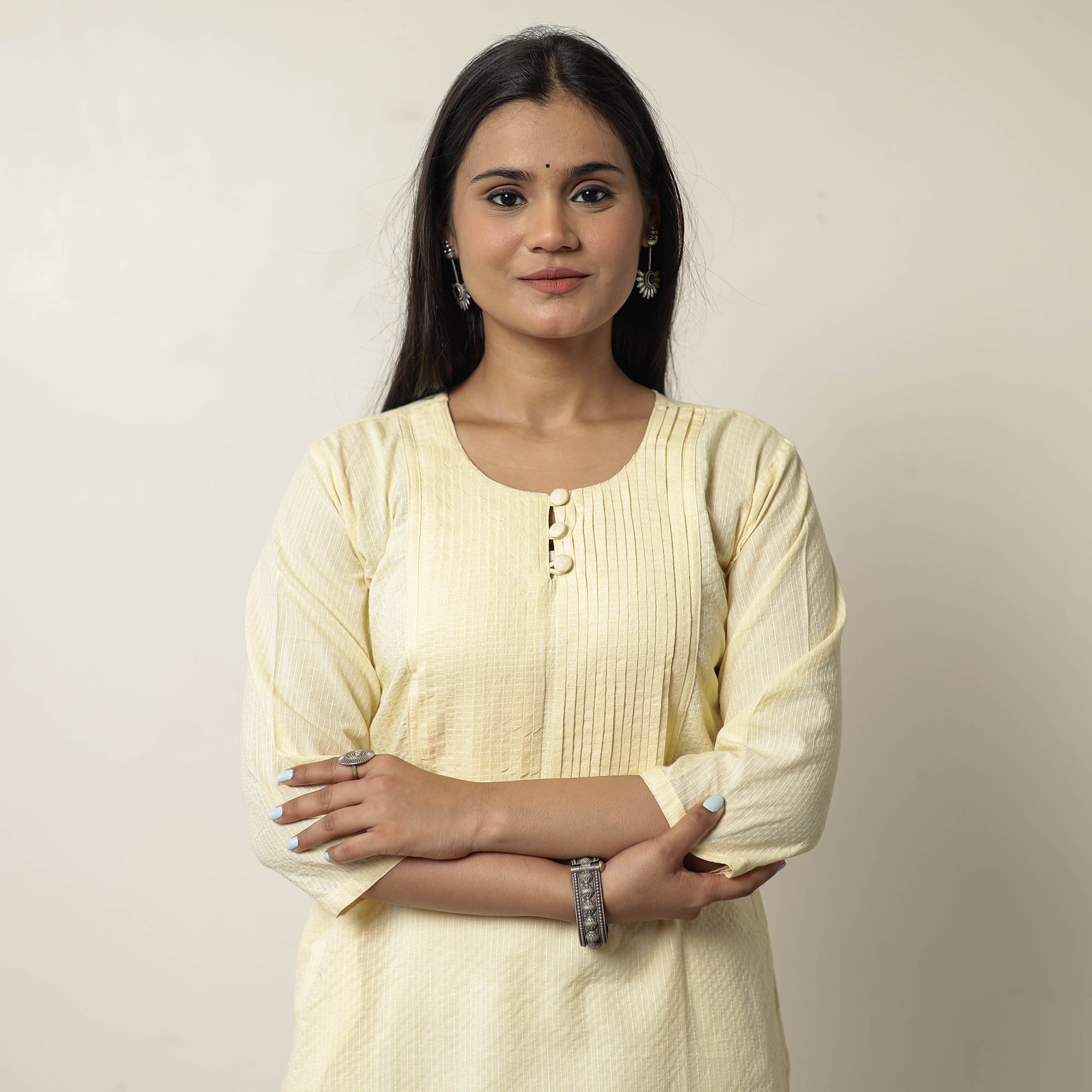 ITOKRI CASUALS Beige - Sand Plain Running Stitch Cotton Pintuck A-Line Long Kurta 33