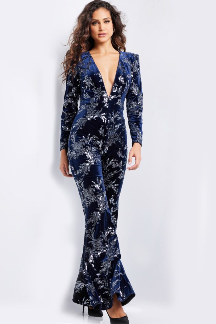 Jovani 23708 Long Beaded Formal Velvet Jumpsuit - view 4