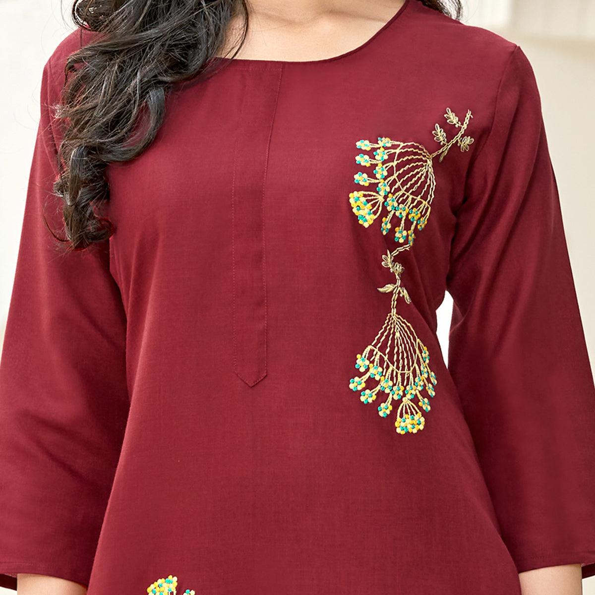 Peachmode Seller Captivating Maroon Colored Partywear Embroidered Cotton Slub Kurti Palazzo Set - view 2