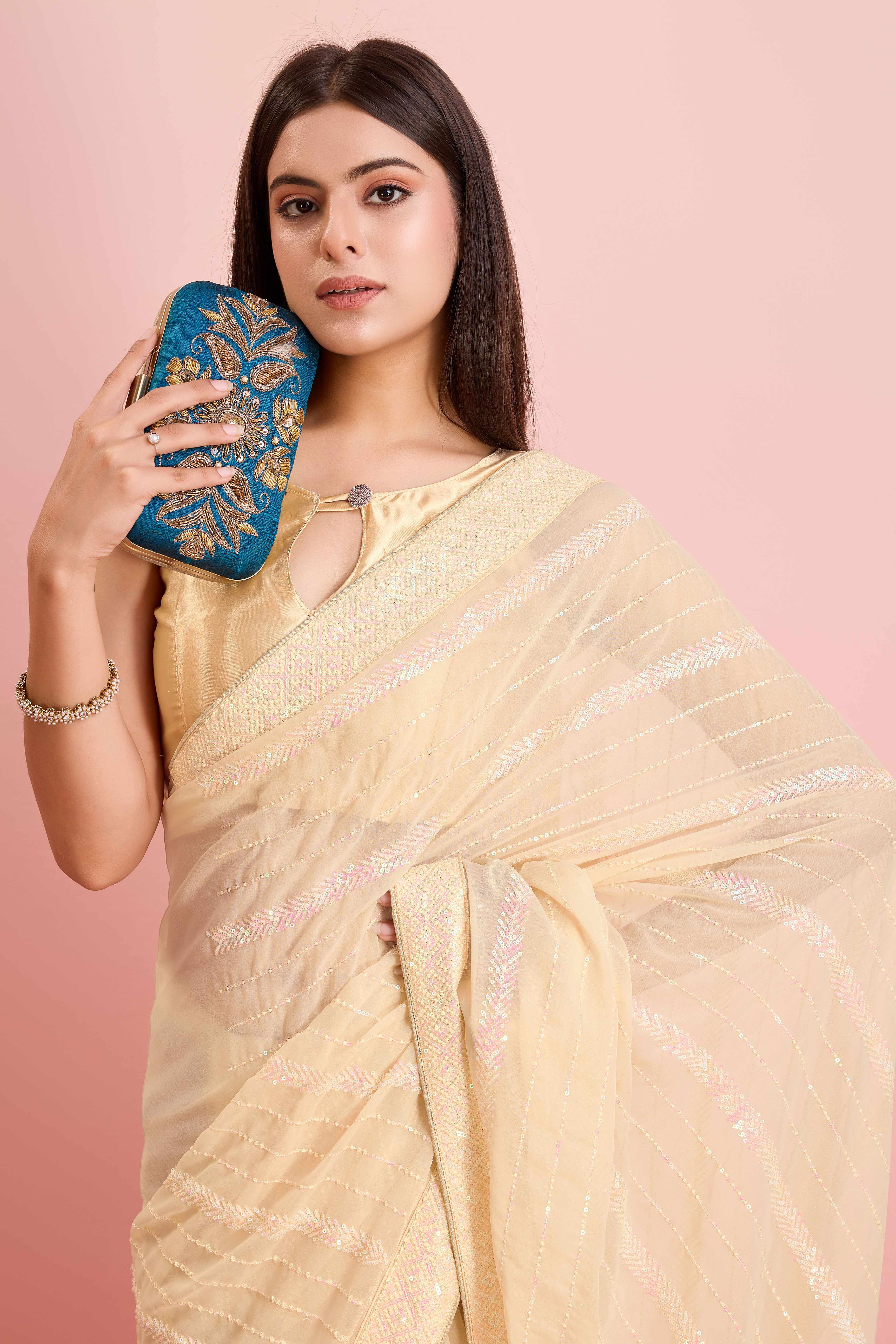 Peachmode Cream Sequins Embroidered Georgette Saree - view 6