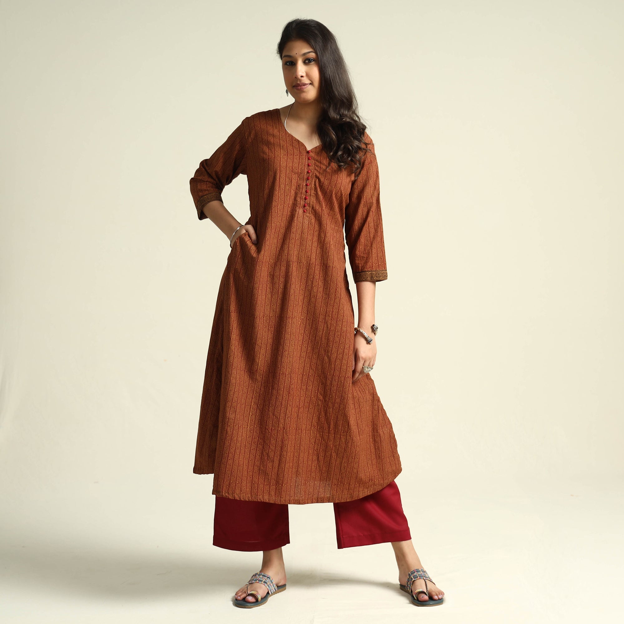 ITOKRI CASUALS Brown - Bagh Block Printed Cotton Kurta with Palazzo Set
