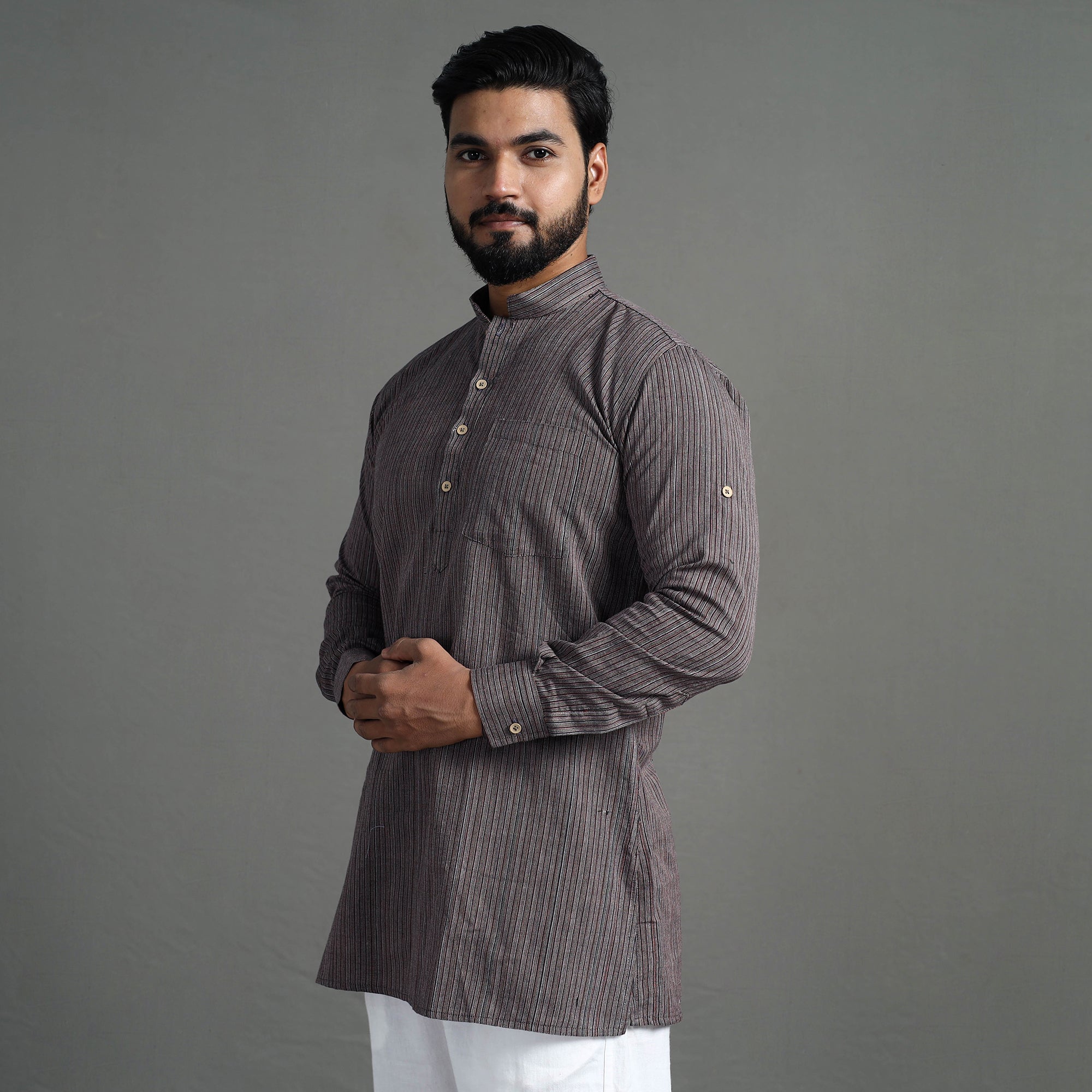 ITOKRI CASUALS Brown - Handloom Cotton Stripe Men Short Kurta - view 4