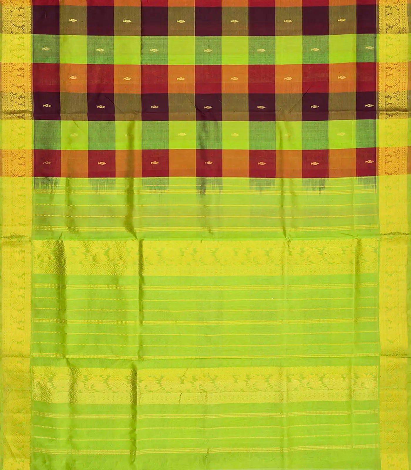 RmKV Green Handloom Silk Cotton Saree With Checks & Buttas-Green - view 2