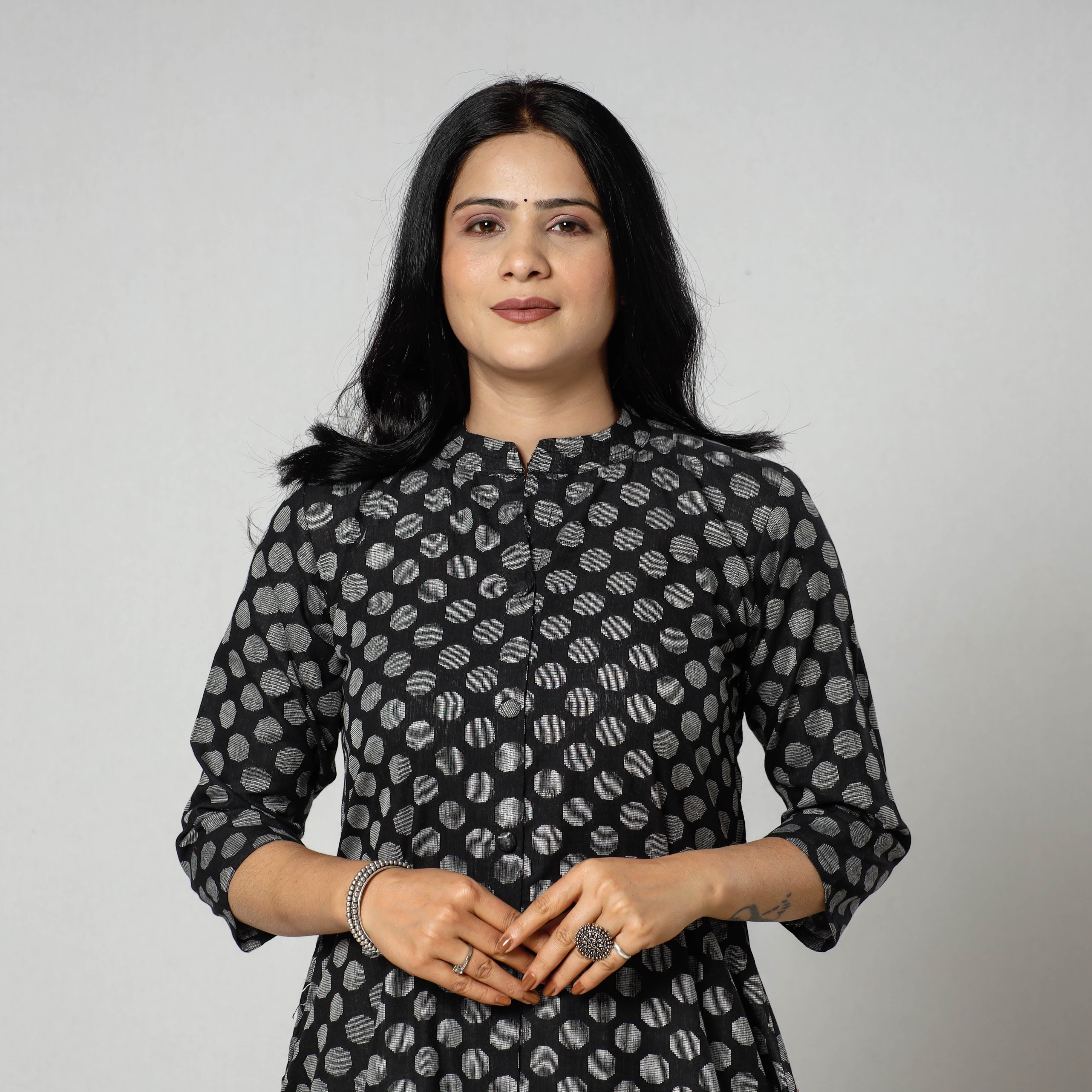 ITOKRI CASUALS Black - Jacquard Cotton A-Line Long Kurta