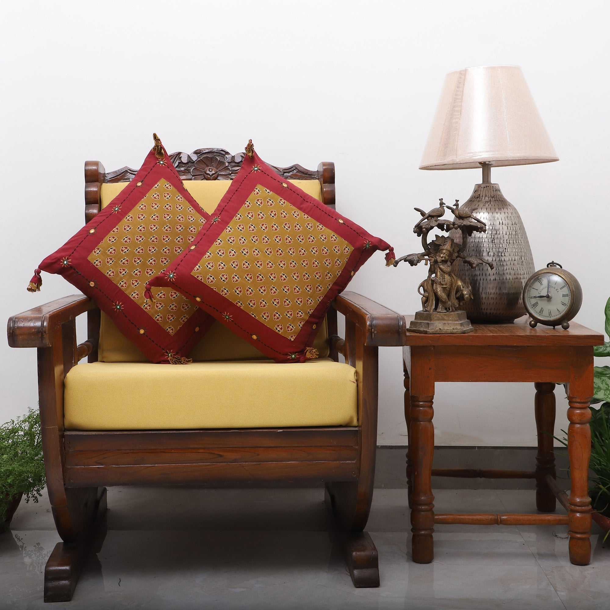 TICS Brown - Bagh Hand Block Printed Cotton Cushion Cover with Thread Embroidery