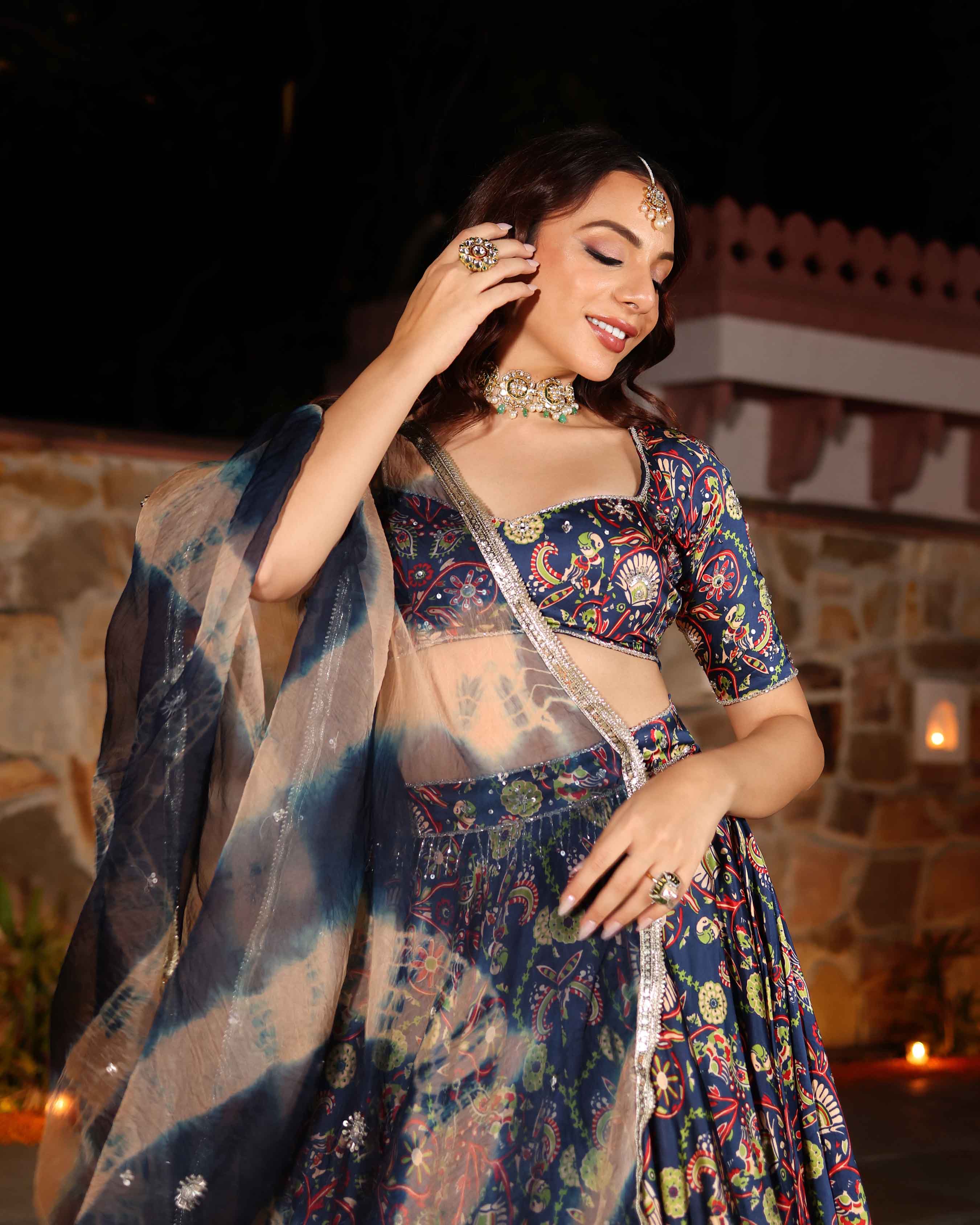 Aachho Laaya Blue Printed Hand Embroidered Satin Lehenga Set - view 5
