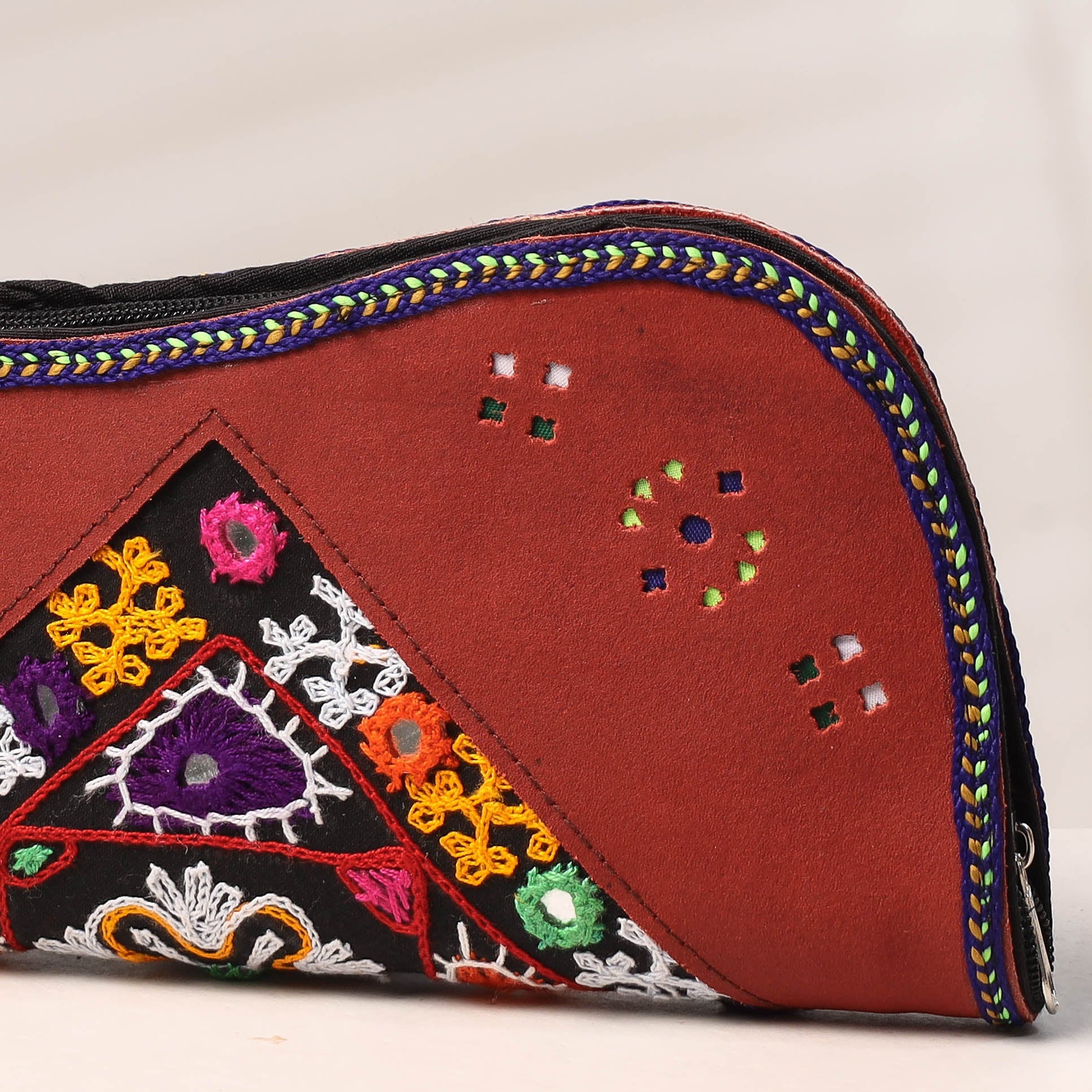 KACHCHH JI CHHAAP Brown - Handcrafted Kutch Embroidery Leather Clutch / Wallet - view 2