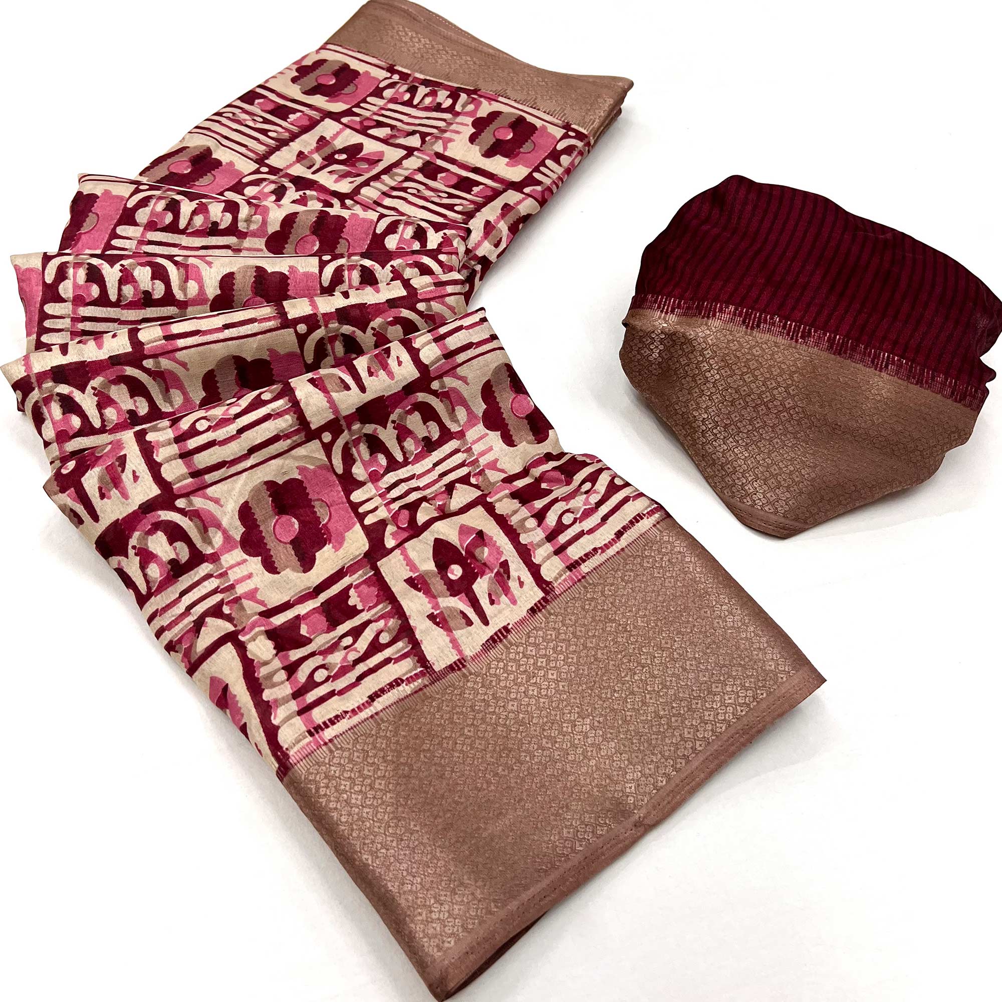 Peachmode Maroon Printed With Woven Border Dola Silk Saree - view 3