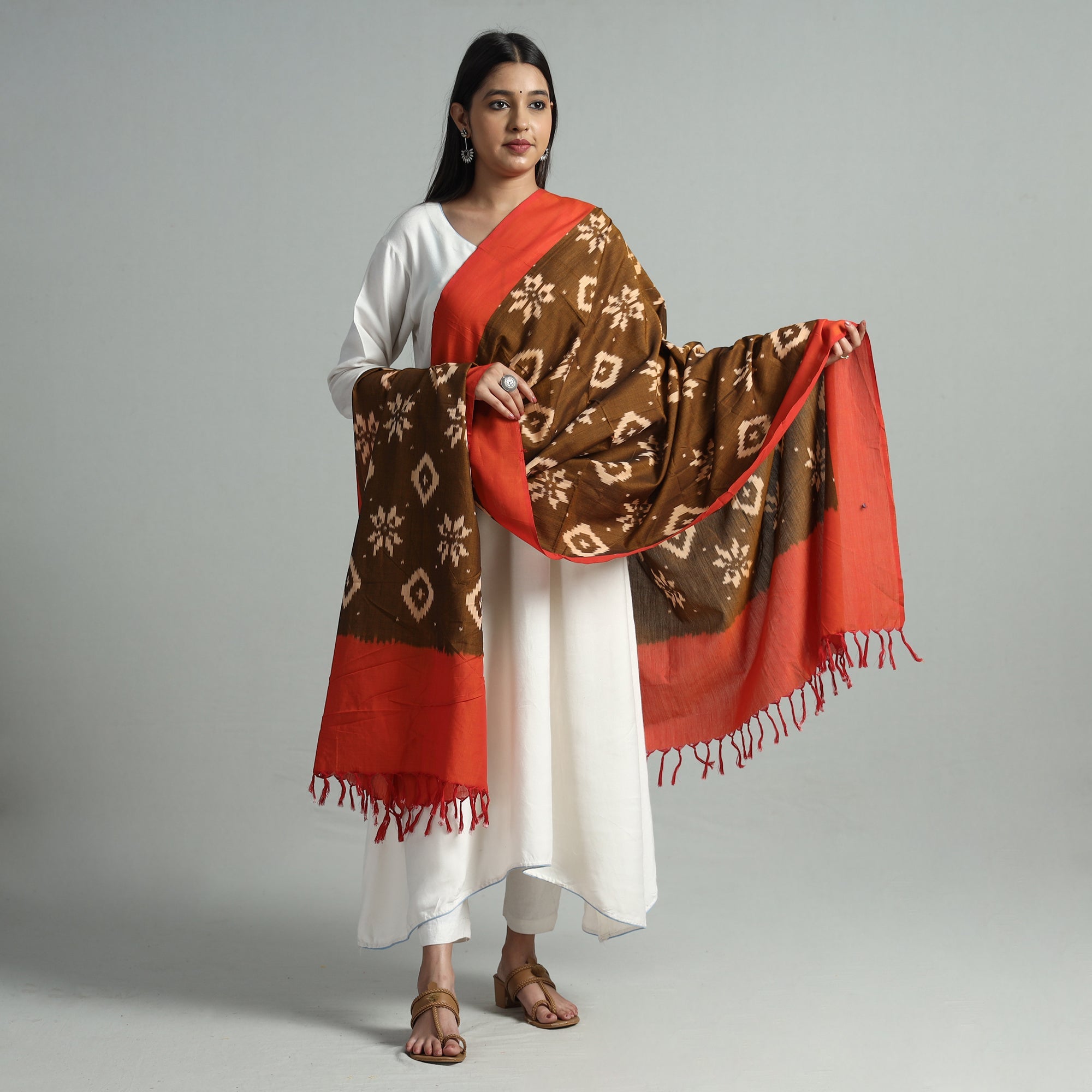 IKAT WEAVES BY EDEM CHANDANA Brown - Pochampally Ikat Handloom Cotton Dupatta with Tassels 32 - view 2