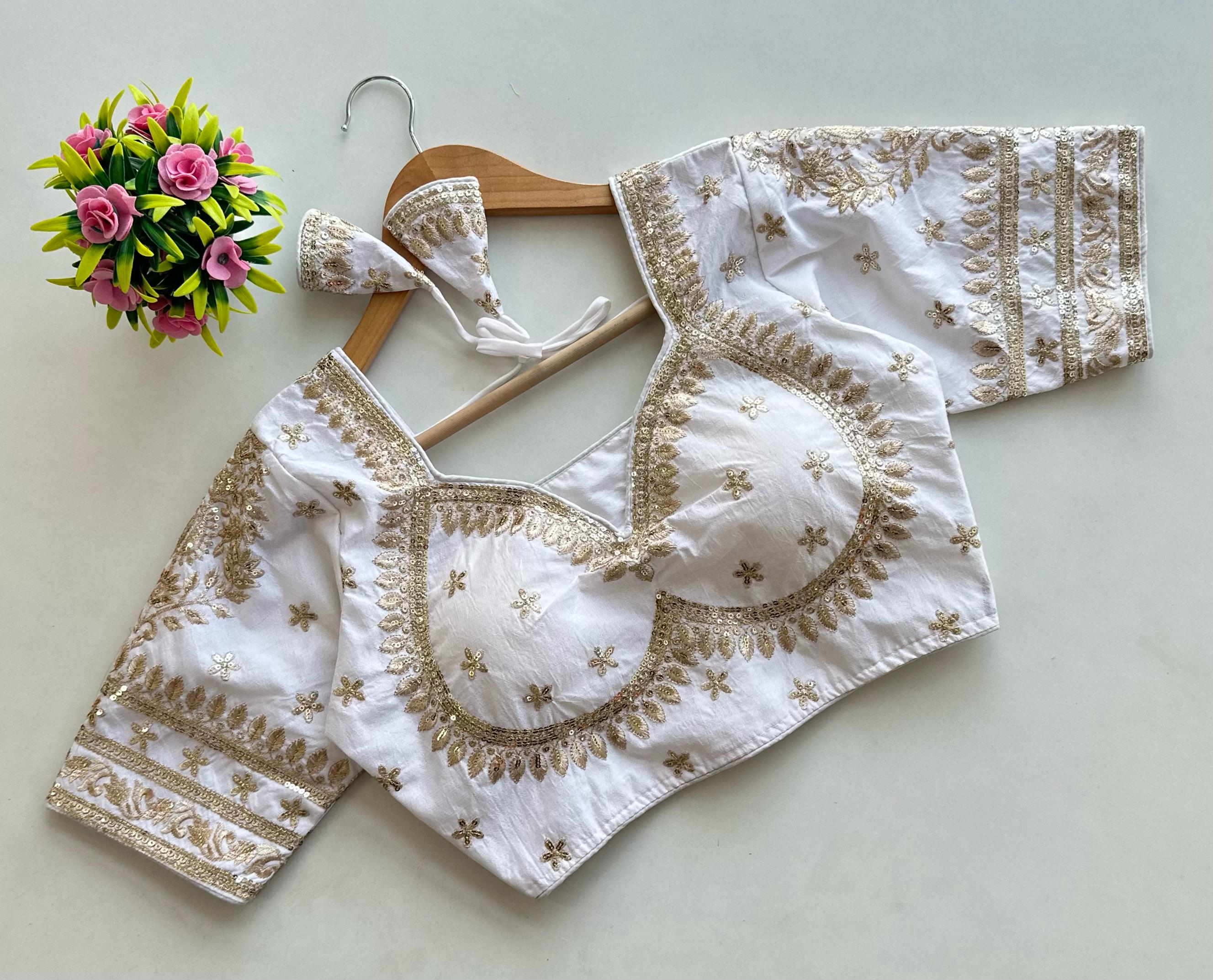 ClothsVilla White Golden Embroidered Blubbery Silk Blouse with Sequins