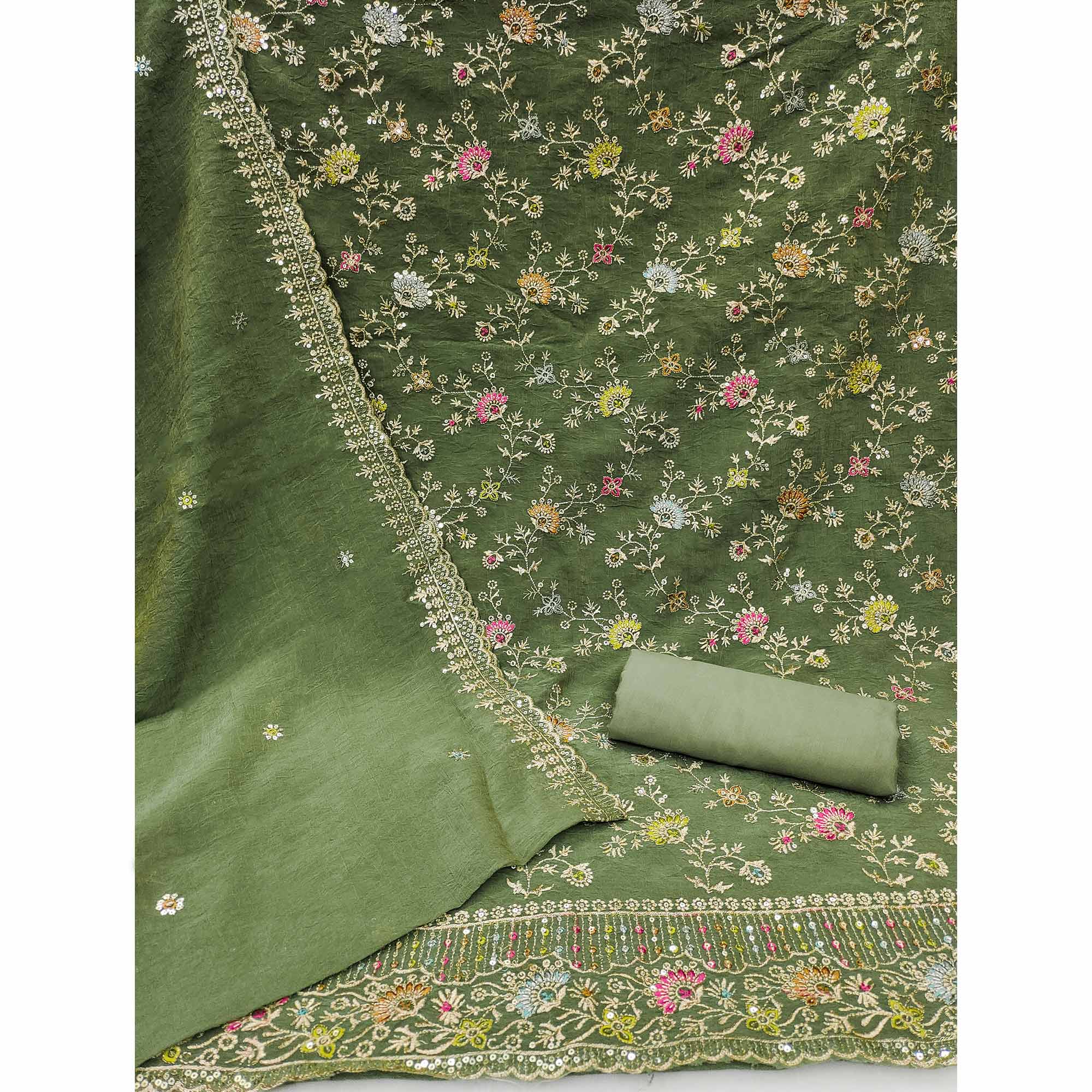 Peachmode Mehendi Green Floral Sequins Embroidered Chiffon Dress Material - view 3