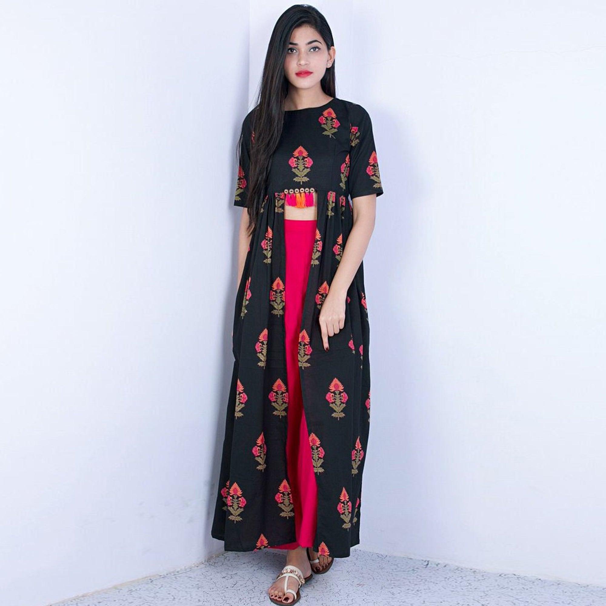 Peachmode Hypnotic Black Colored Partywear Embroidered Linen Long Top-Palazzo Set
