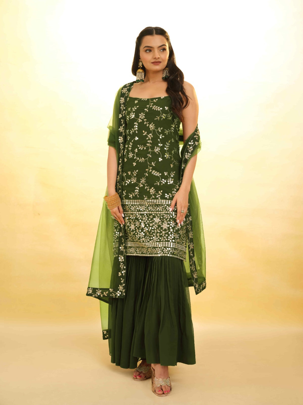 ClothsVilla Mehndi Green Georgette Suit with Embroidery and Shantoon Bottom