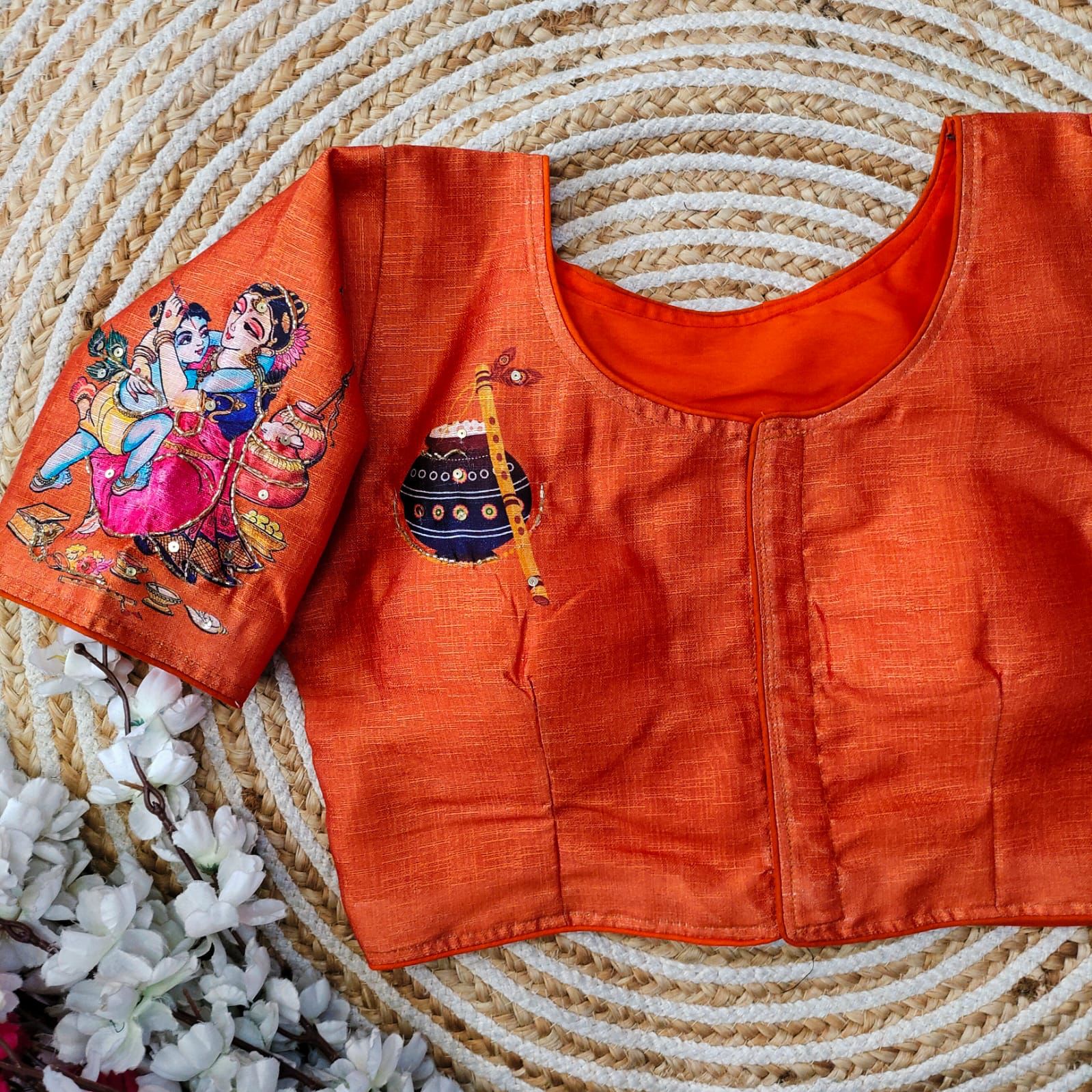ClothsVilla Orange Pure Silk Blouse with Antique Handcrafted Work - view 2