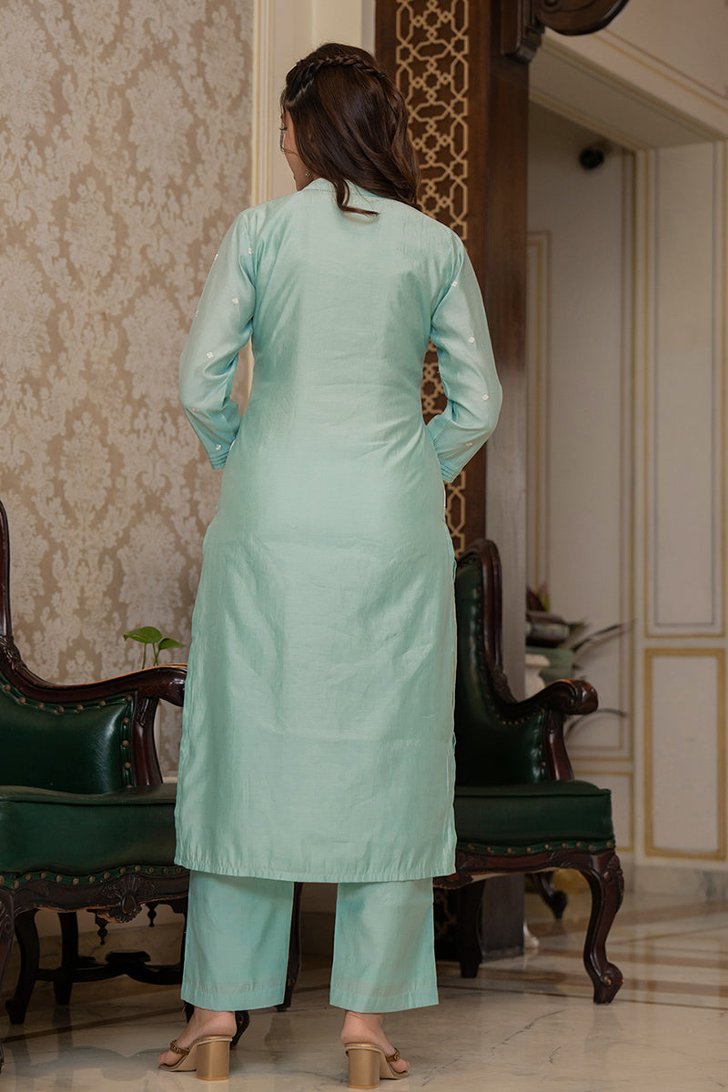 Ahika Sea Green Silk Blend Solid Embroidered Straight Suit Set With Trouser Bottom PKSKD2686 - view 2